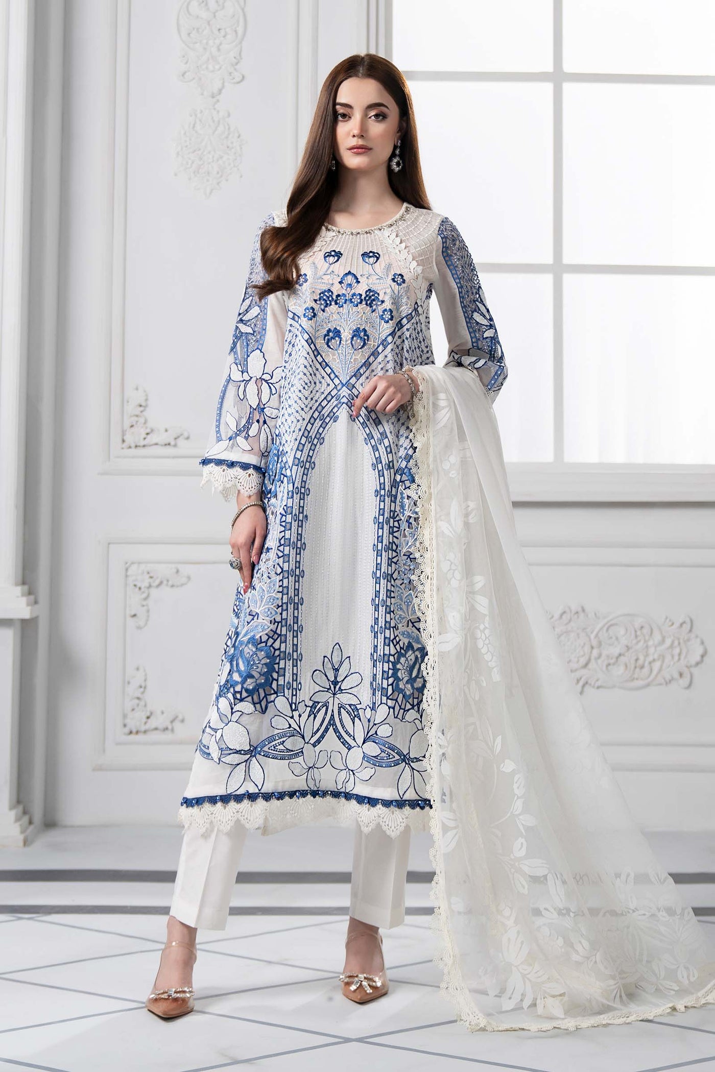 3 Piece Embroidered Paper Cotton Suit | DS-2510-A