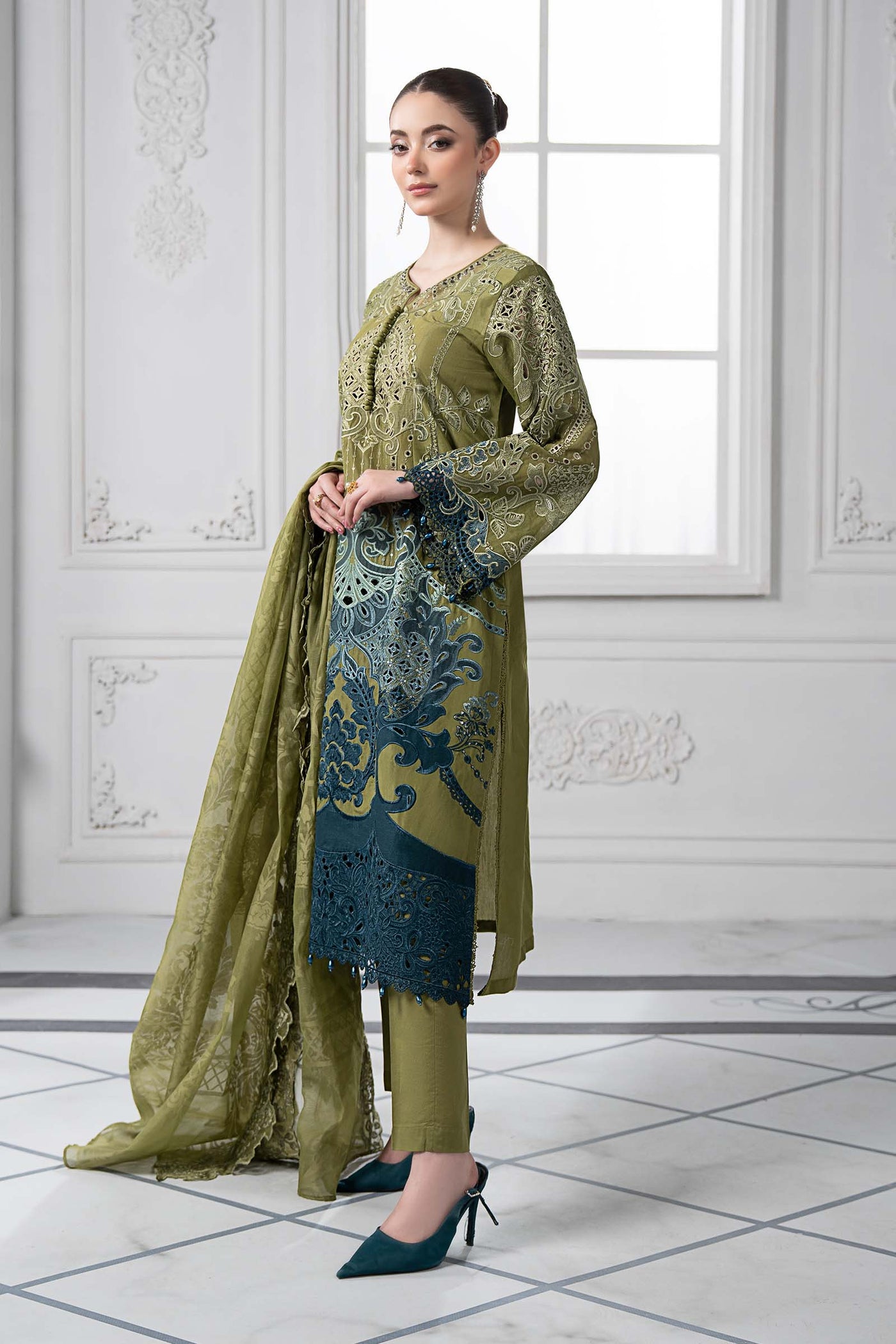 3 Piece Embroidered Paper Cotton Suit | DS-2501-A