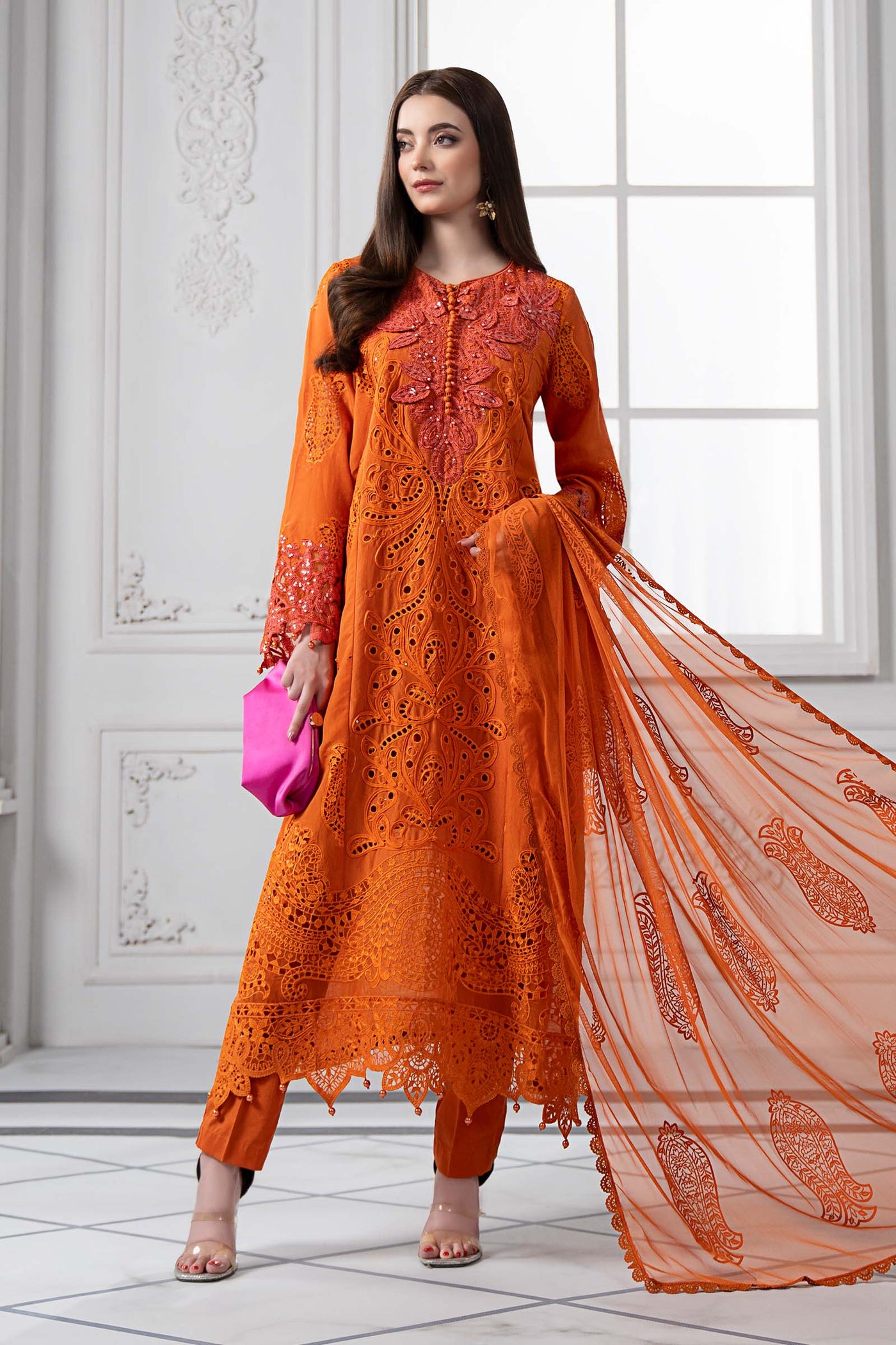 3 Piece Embroidered Paper Cotton Suit | DS-2505-B