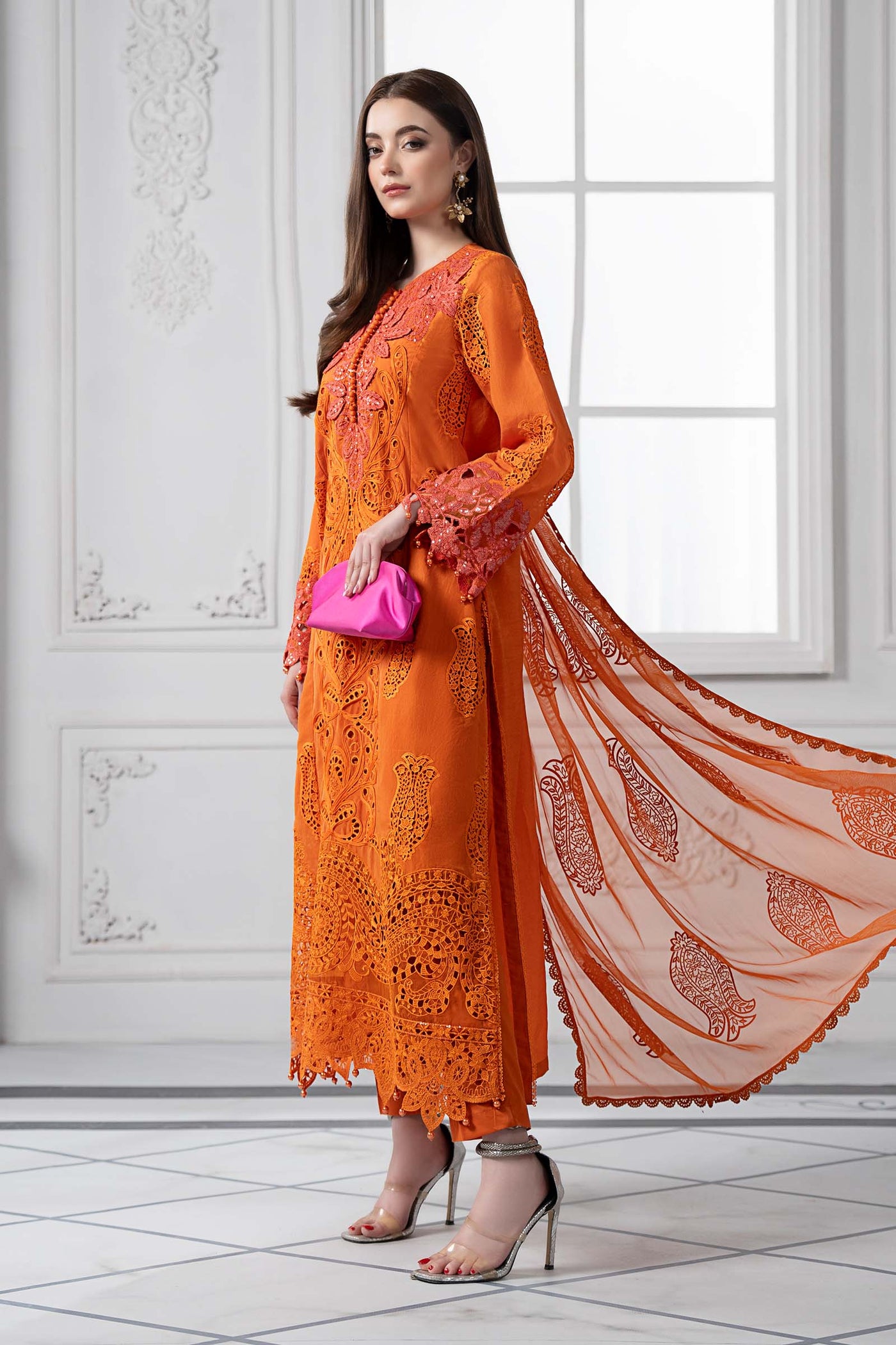 3 Piece Embroidered Paper Cotton Suit | DS-2505-B