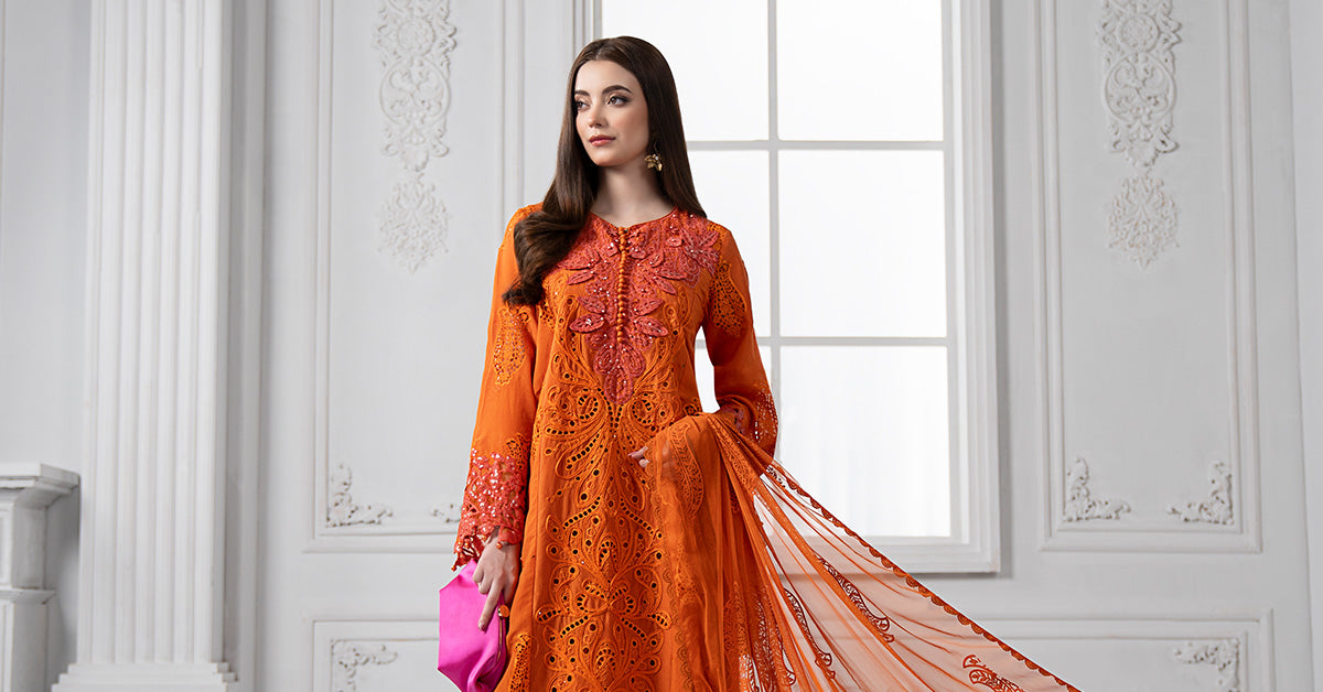 3 Piece Embroidered Paper Cotton Suit | DS-2505-B