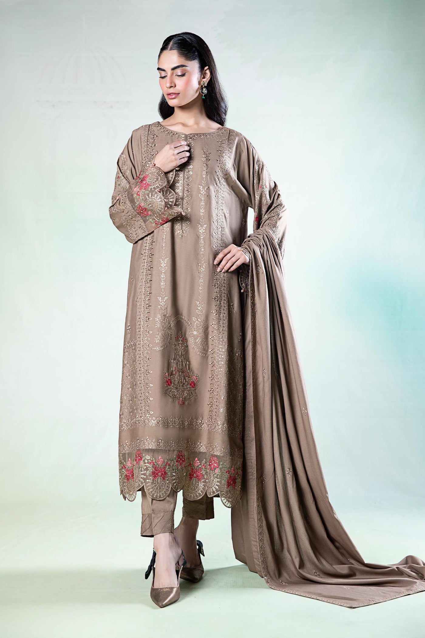 3 Piece Embroidered Linen Suit | DW-W24-65