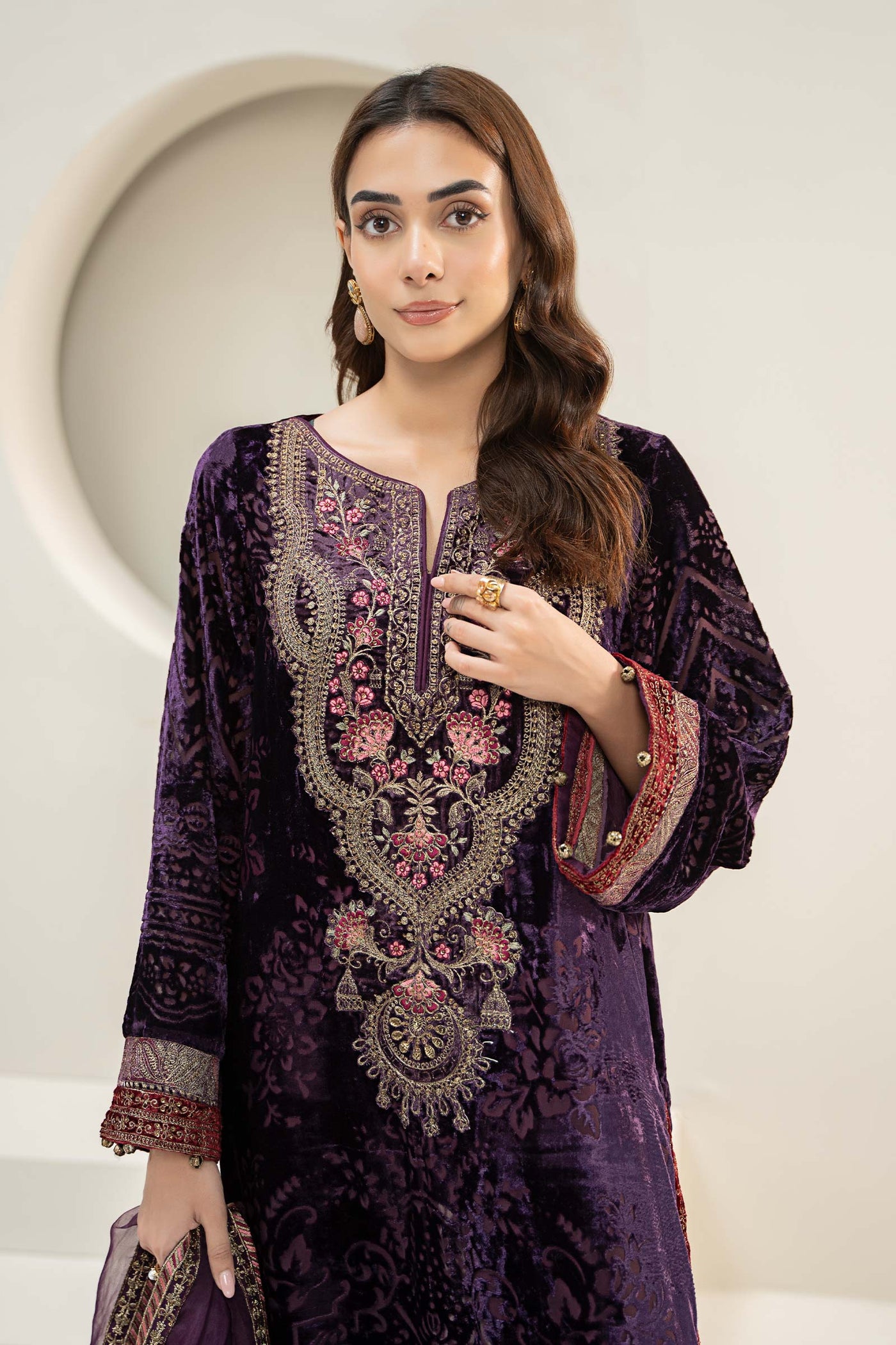 3 Piece Embroidered Plush Suit | DW-W24-174