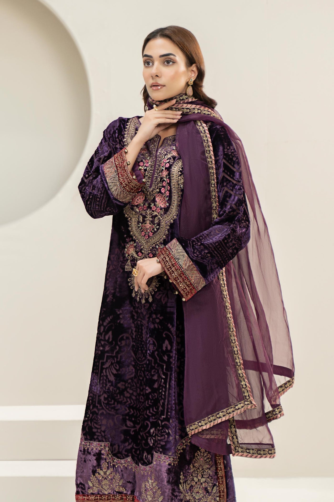 3 Piece Embroidered Plush Suit | DW-W24-174