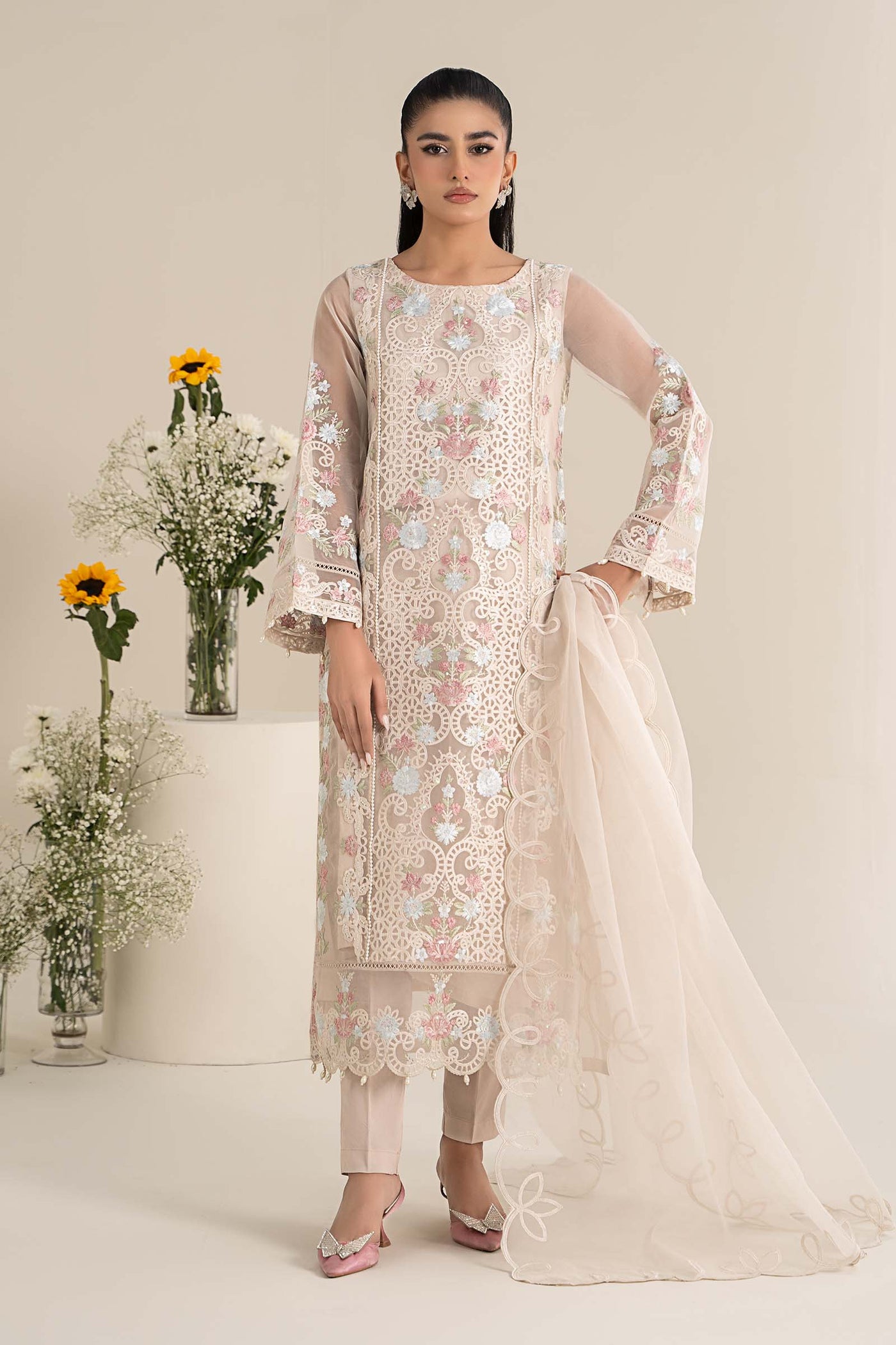 3 Piece Embroidered Organza Suit | DW-EF25-02