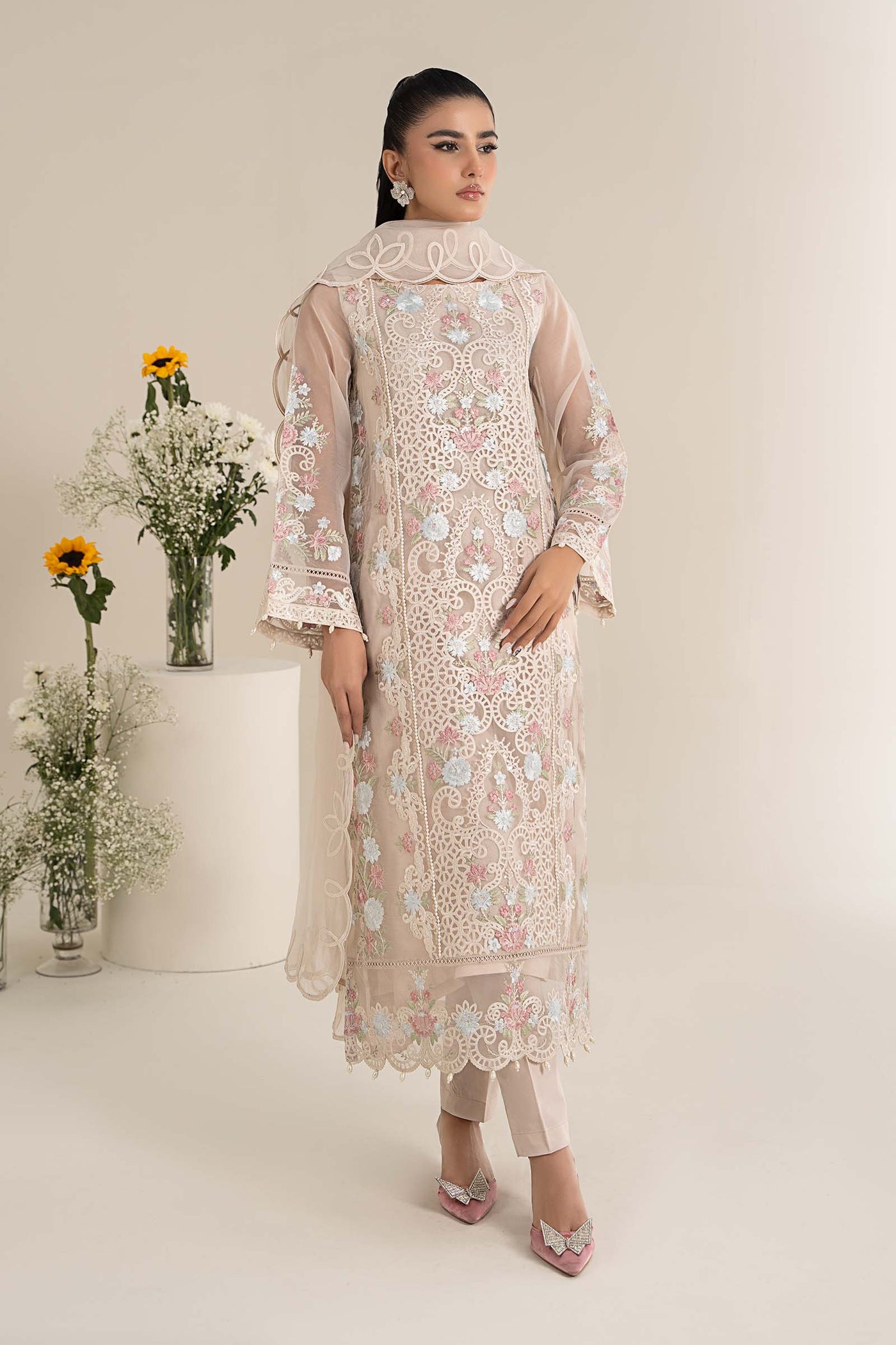 3 Piece Embroidered Organza Suit | DW-EF25-02