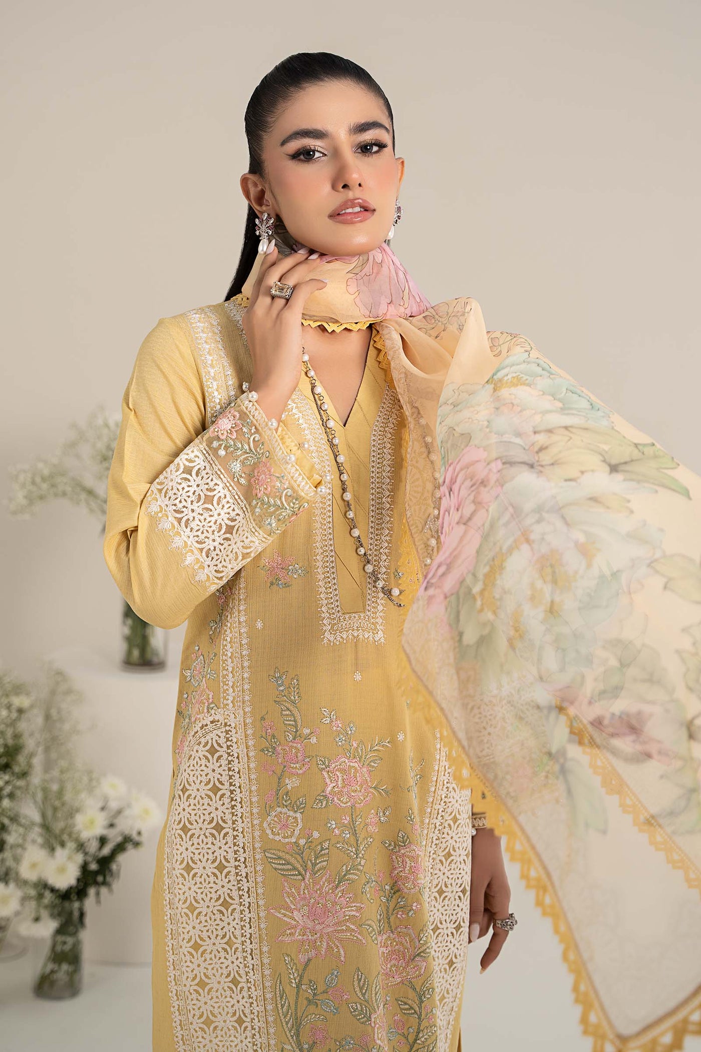 3 Piece Embroidered Dobby Lawn Suit | DW-EF25-151