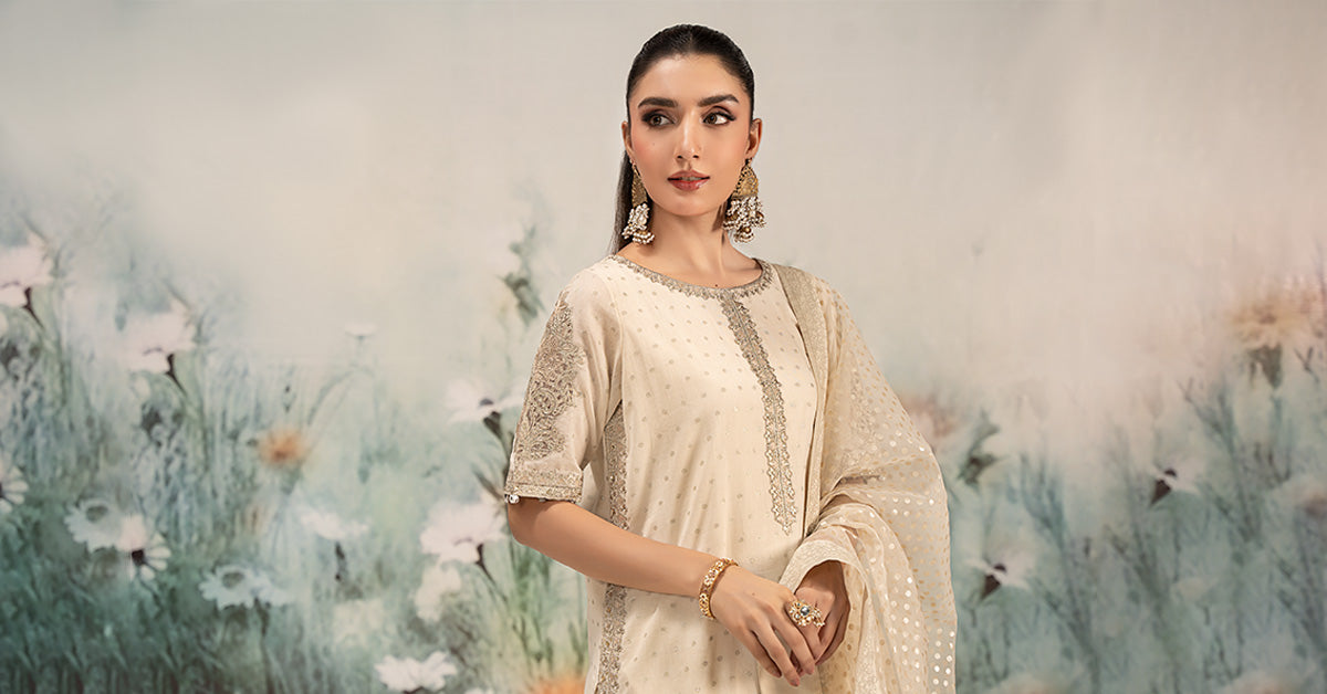 3 Piece Embroidered Cotton Lurex Suit | DW-EF25-98