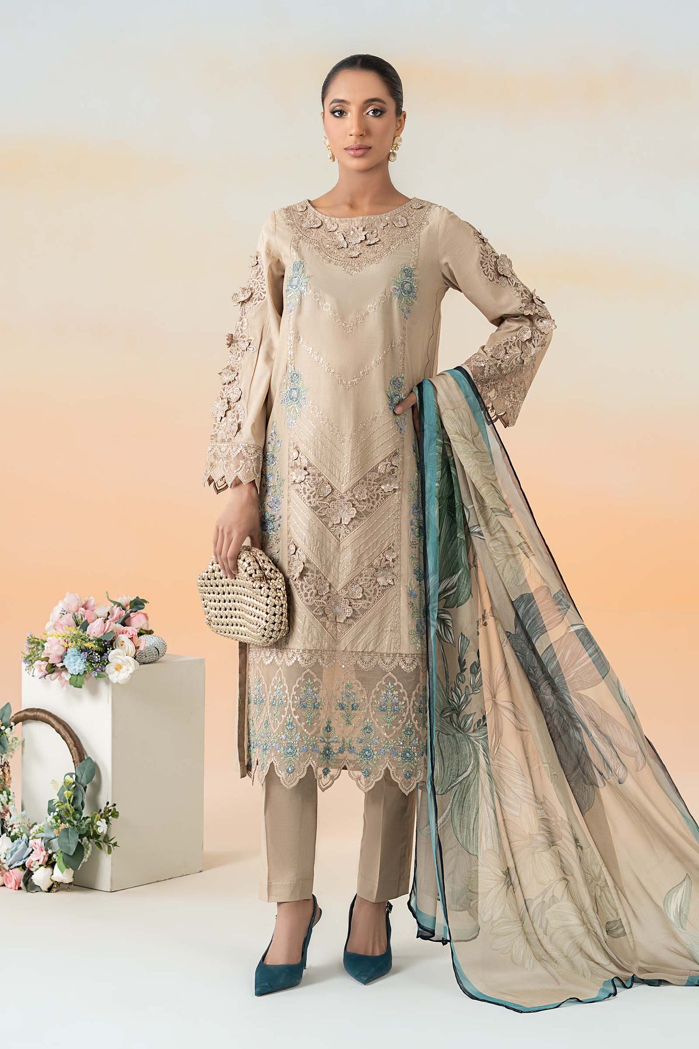 3 Piece Embroidered Dobby Lawn Suit | DW-EF25-53