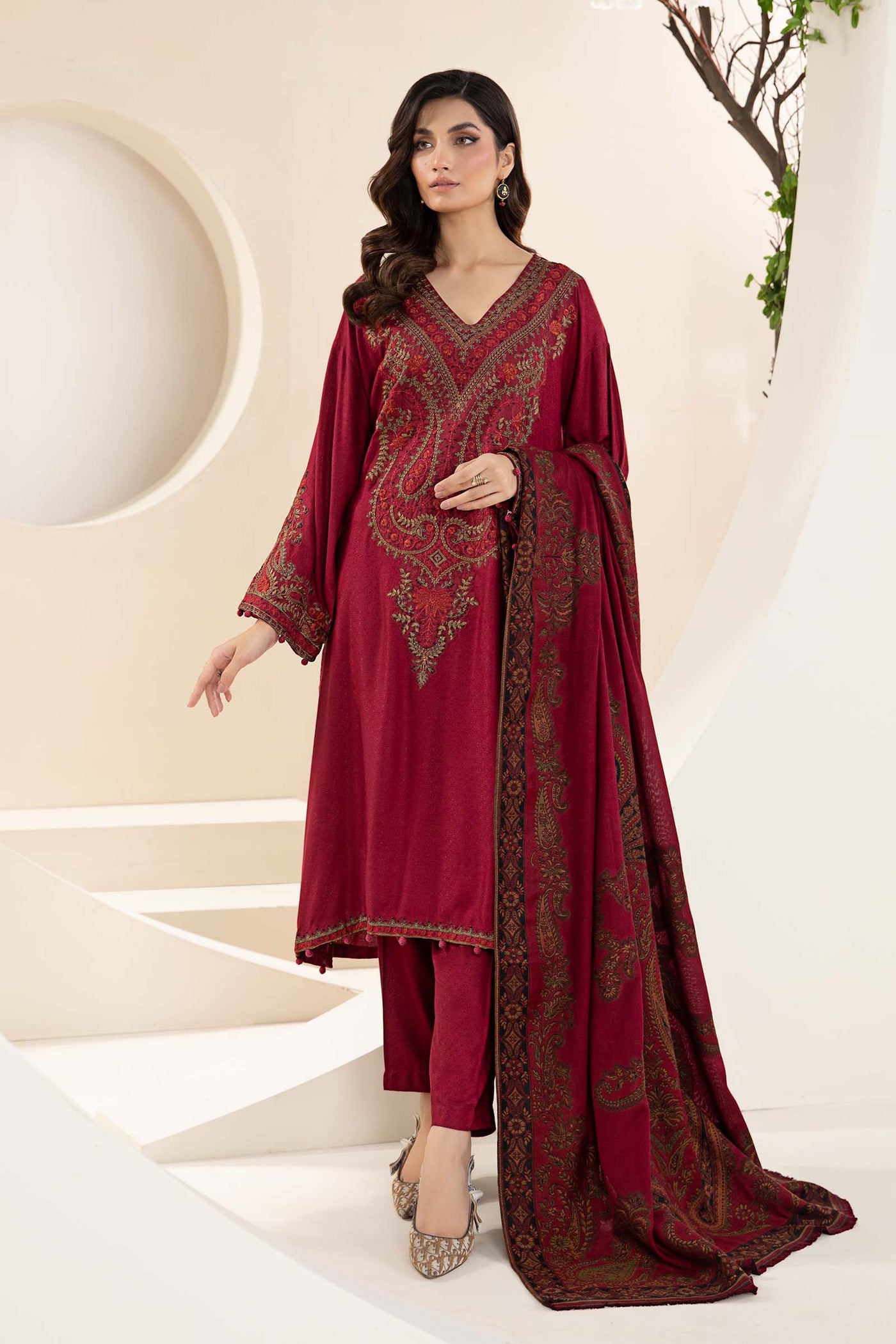 3 Piece Embroidered Linen Suit | DW-W24-100