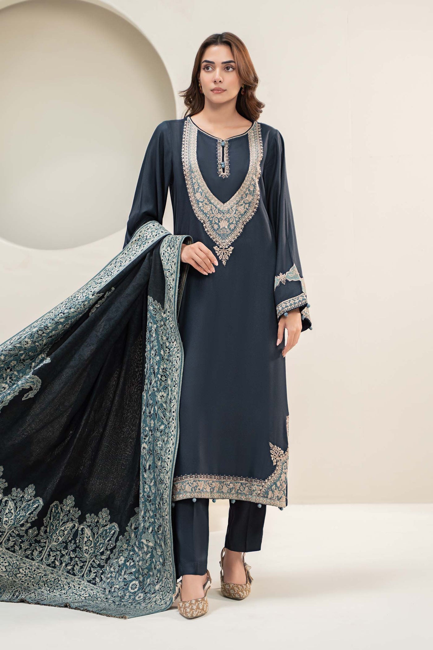 3 Piece Embroidered Linen Suit | DW-W24-102