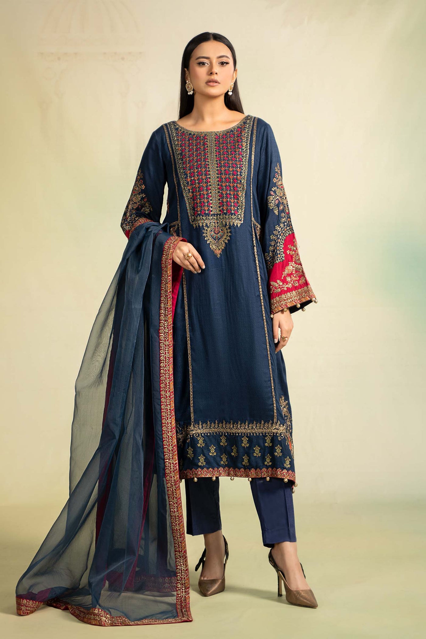 3 Piece Embroidered Linen Suit | DW-W24-111