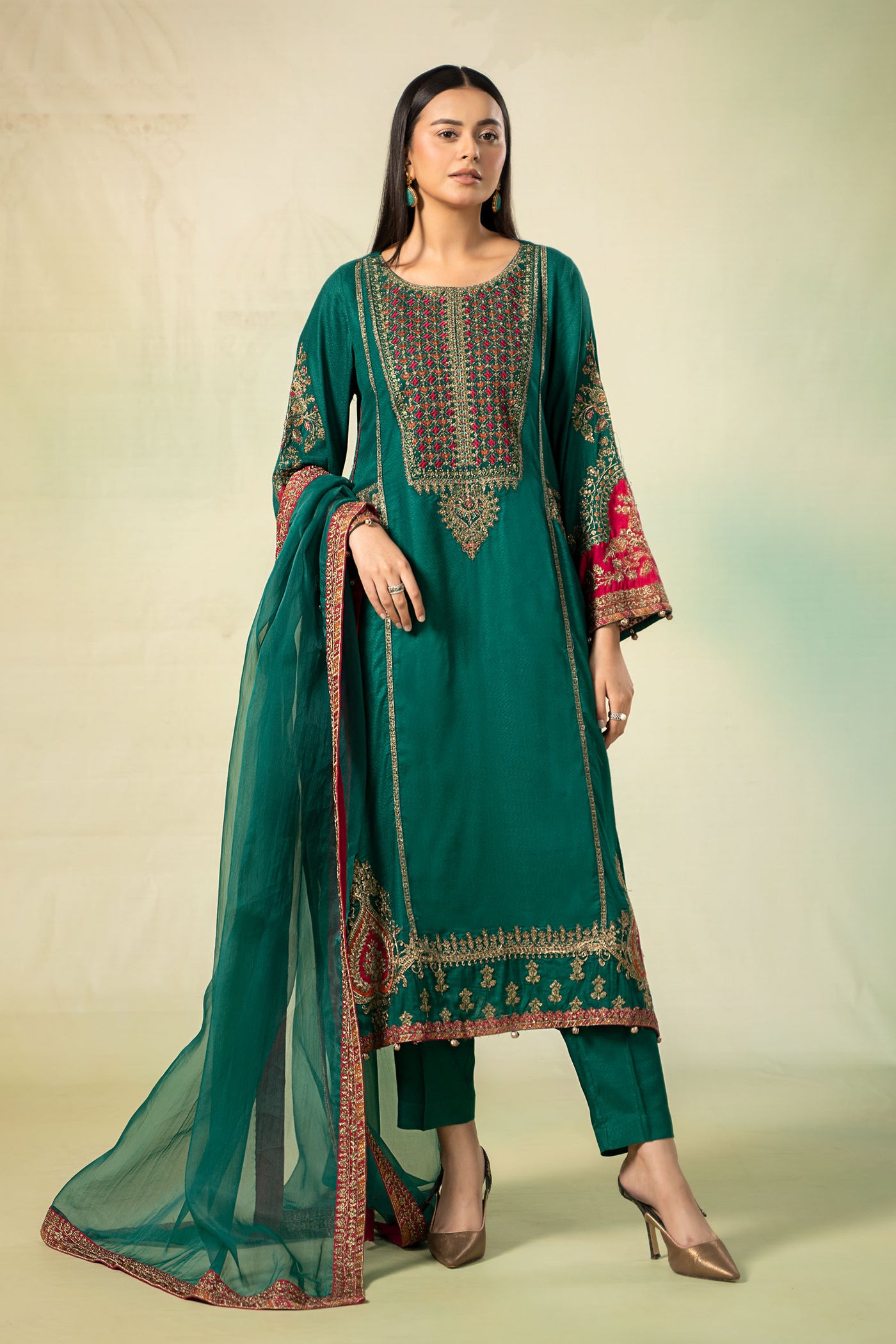 3 Piece Embroidered Linen Suit | DW-W24-111