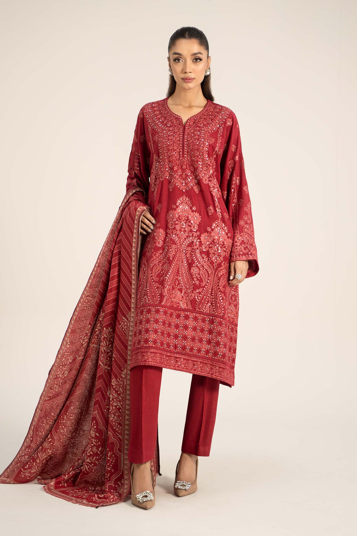 3 Piece Embroidered Pashmina Wool Suit | DW-W24-14