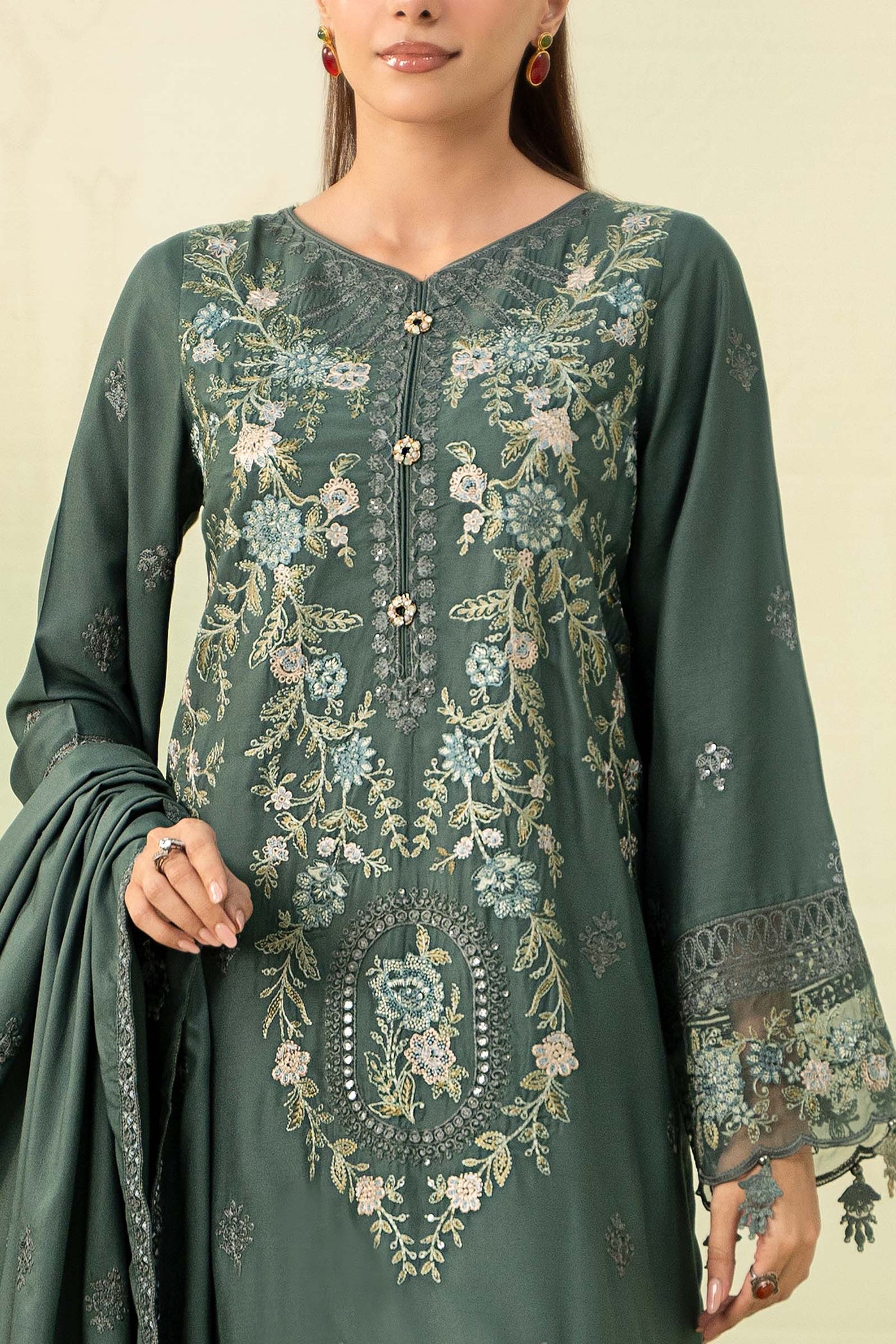 3 Piece Embroidered Linen Suit | DW-W24-20