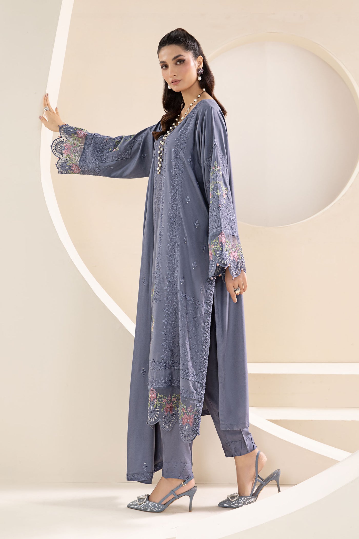 3 Piece Embroidered Linen Suit | DW-W24-65