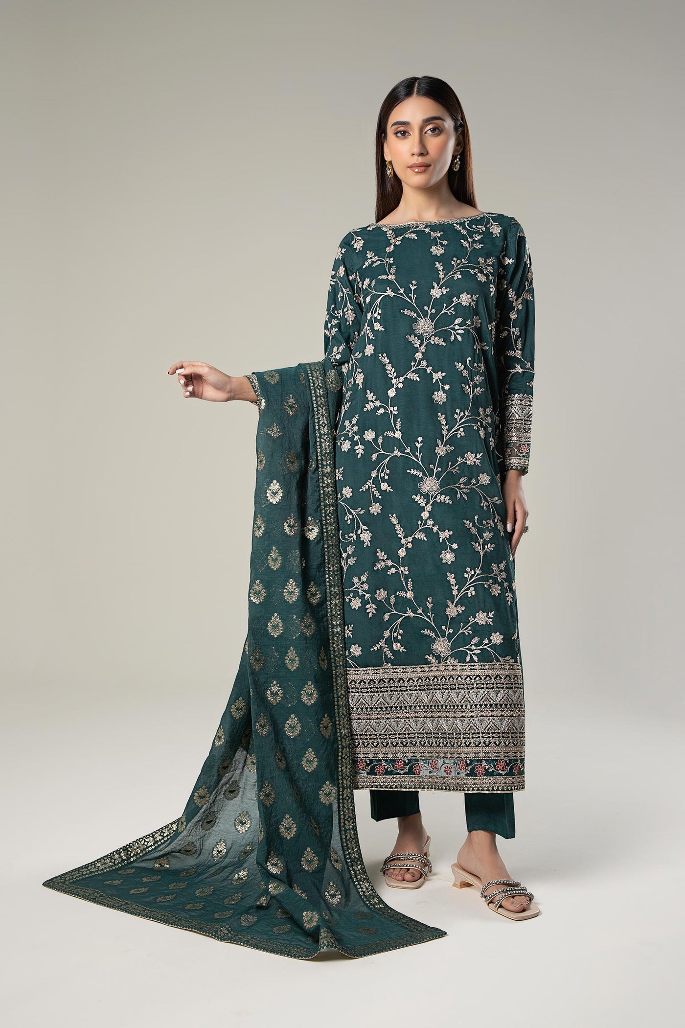 3 Pc Embroidered Raw Silk Suit | MB-WF24-45