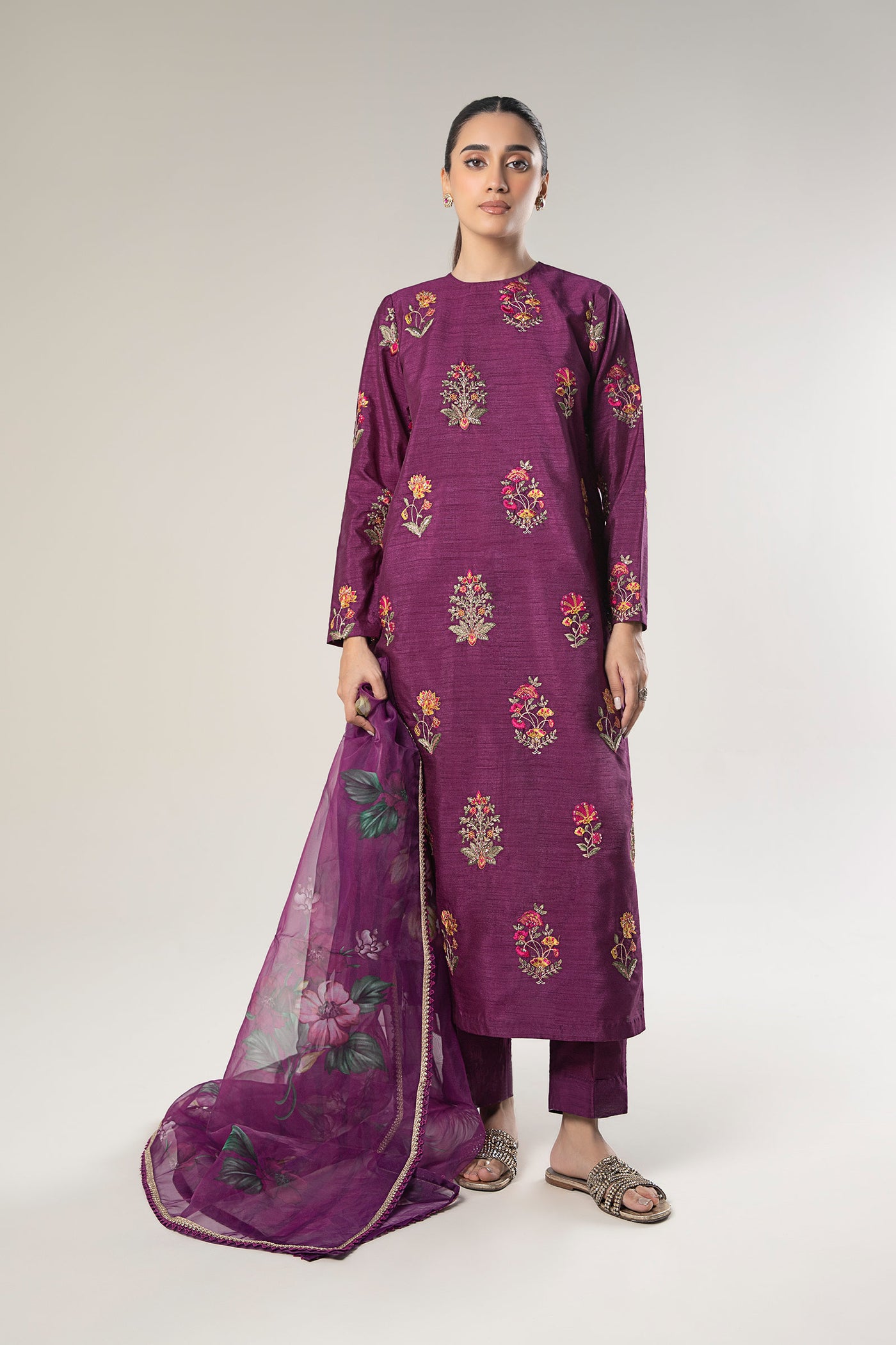 3 Pc Embroidered Raw Silk Suit | MB-WF24-47