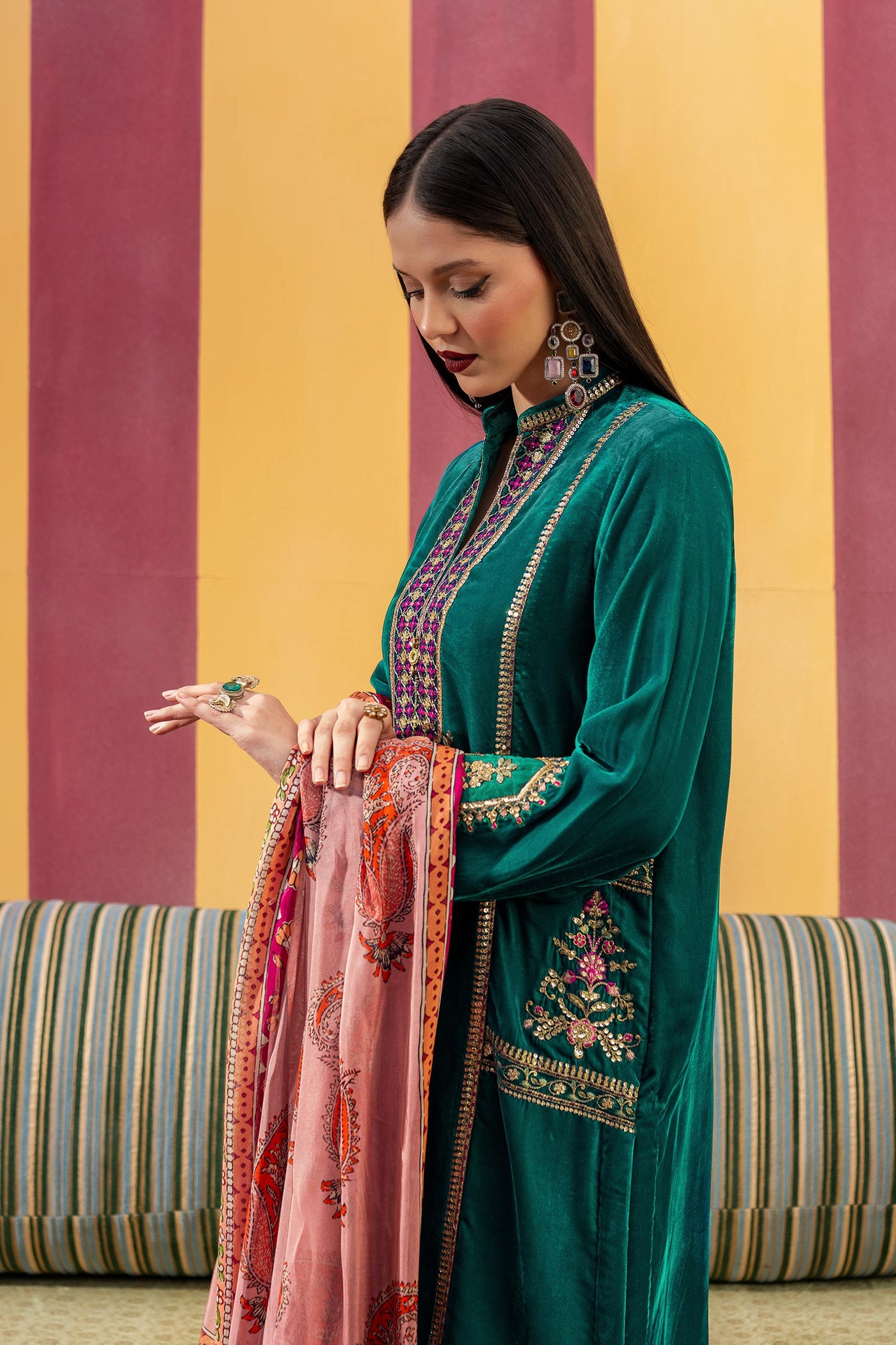 3 Pc Unstitched Dyed Velvet Suit | MB-USW24-604