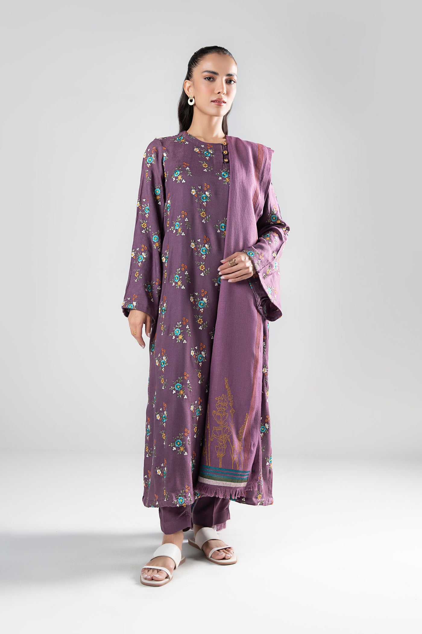 3 Pc Embroidered Wool Suit | MB-WS24-90