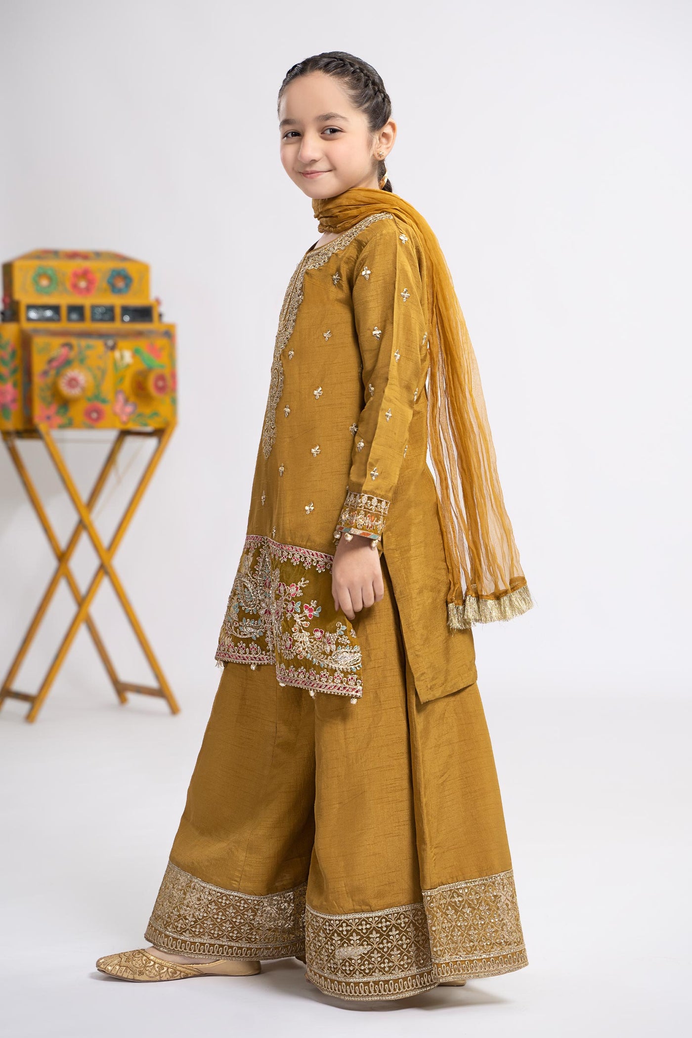 3 Piece Embroidered Raw Silk Suit | MKS-EF24-09