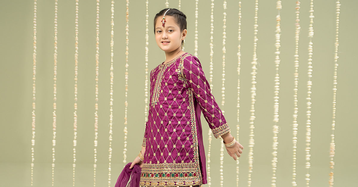 3 Piece Embroidered Raw Silk Suit | MKS-W24-28