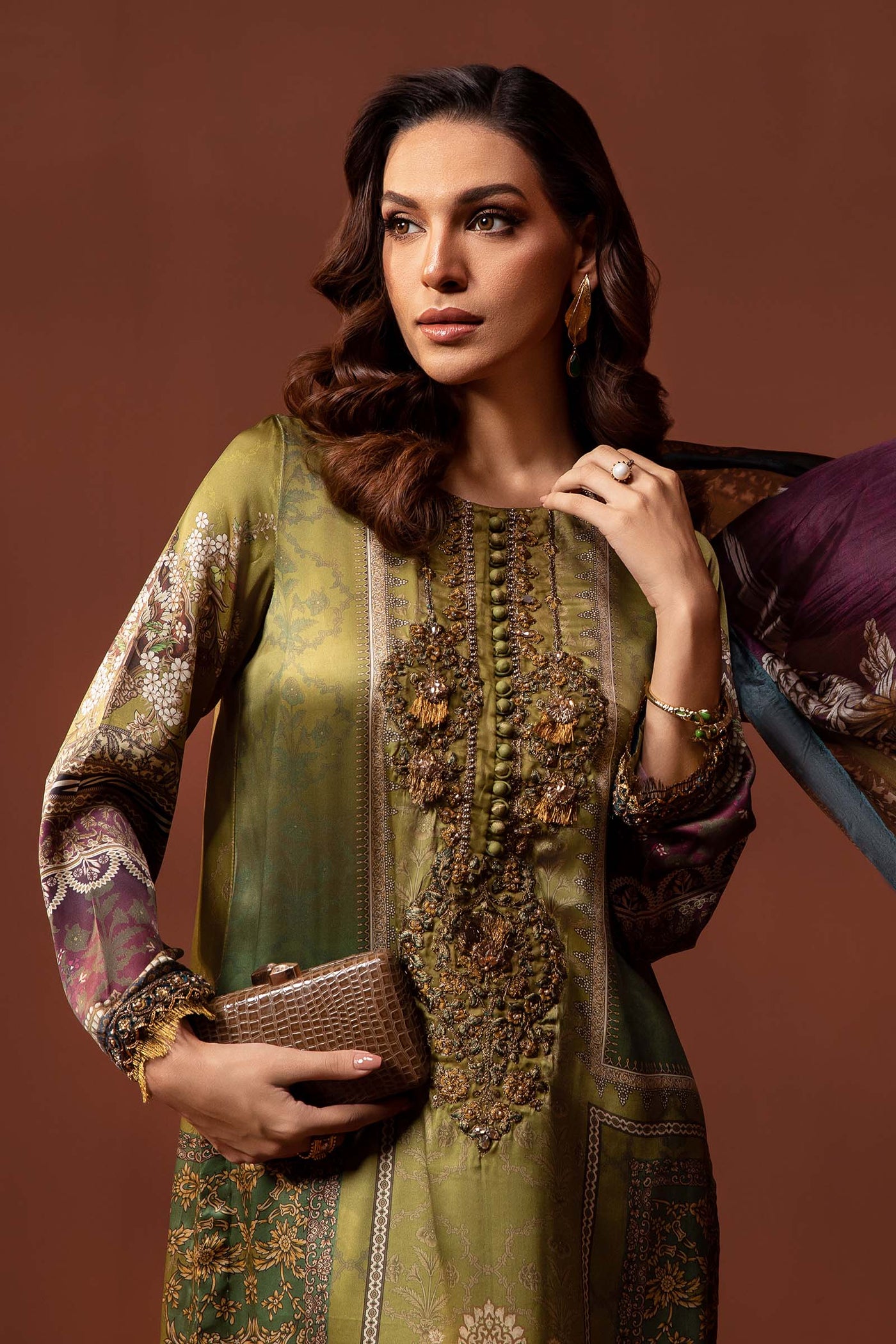 3 Piece Embroidered Pure Charmeuse Silk Suit | MPS-PF24-03