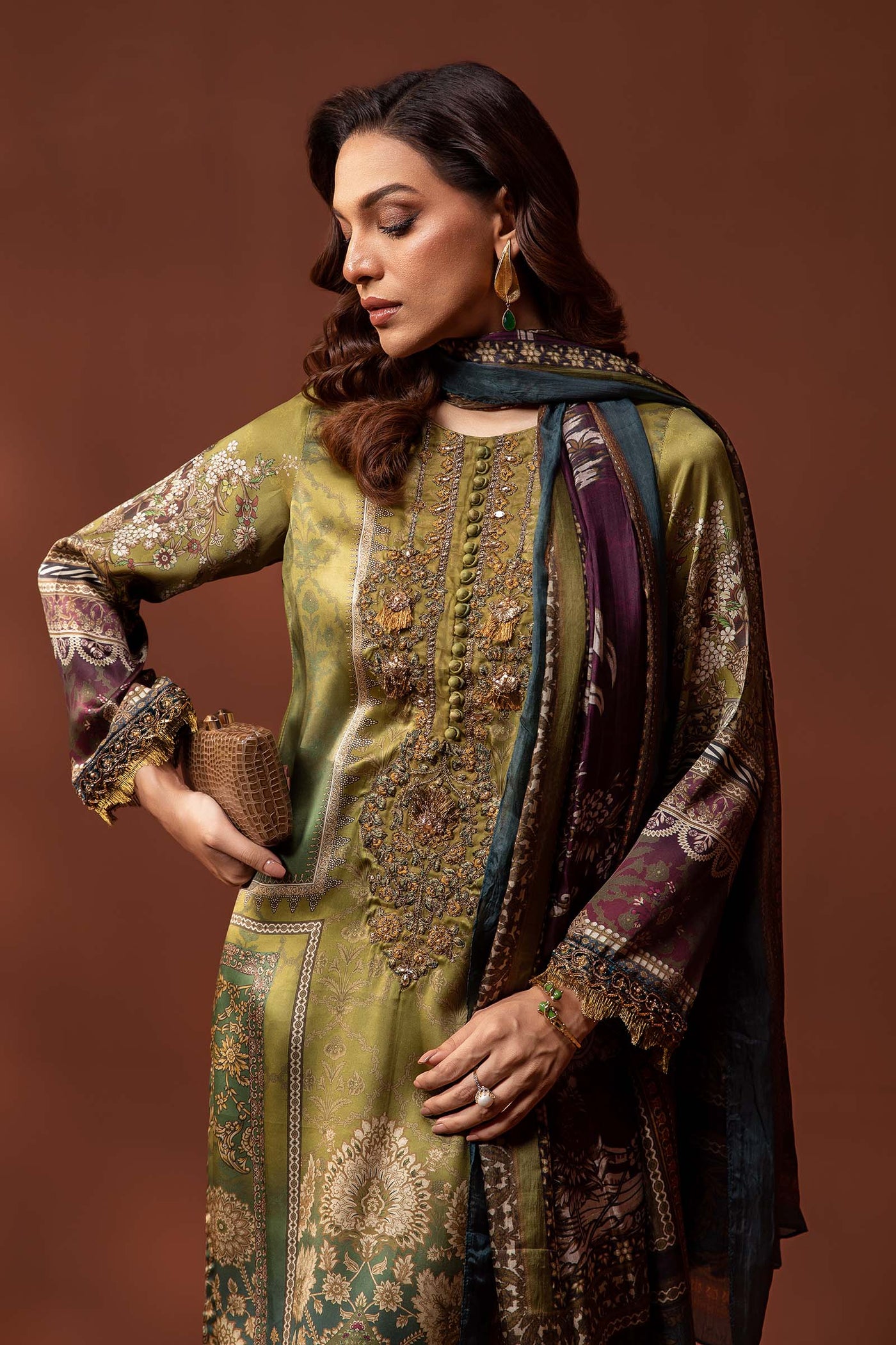 3 Piece Embroidered Pure Charmeuse Silk Suit | MPS-PF24-03