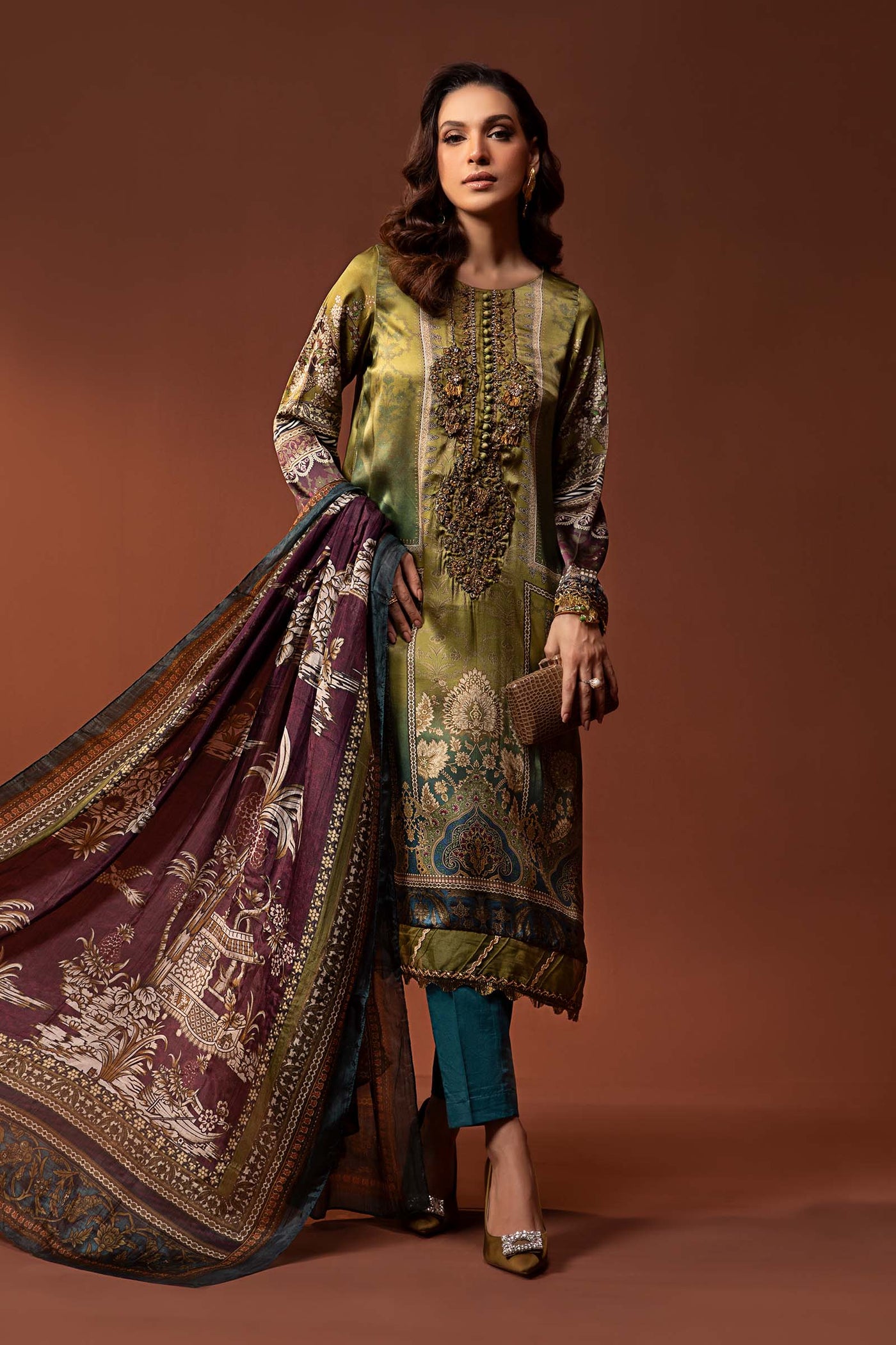 3 Piece Embroidered Pure Charmeuse Silk Suit | MPS-PF24-03