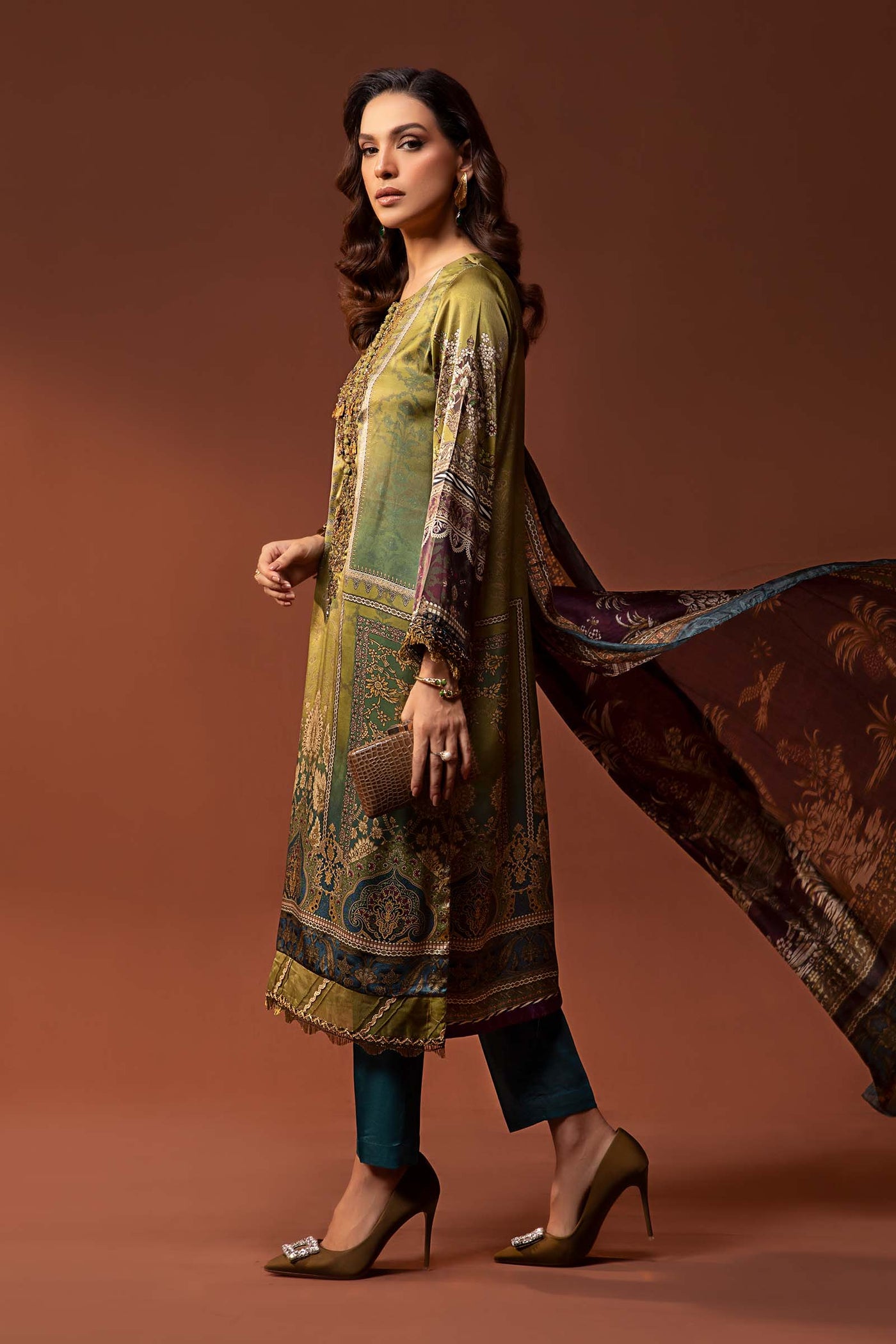 3 Piece Embroidered Pure Charmeuse Silk Suit | MPS-PF24-03