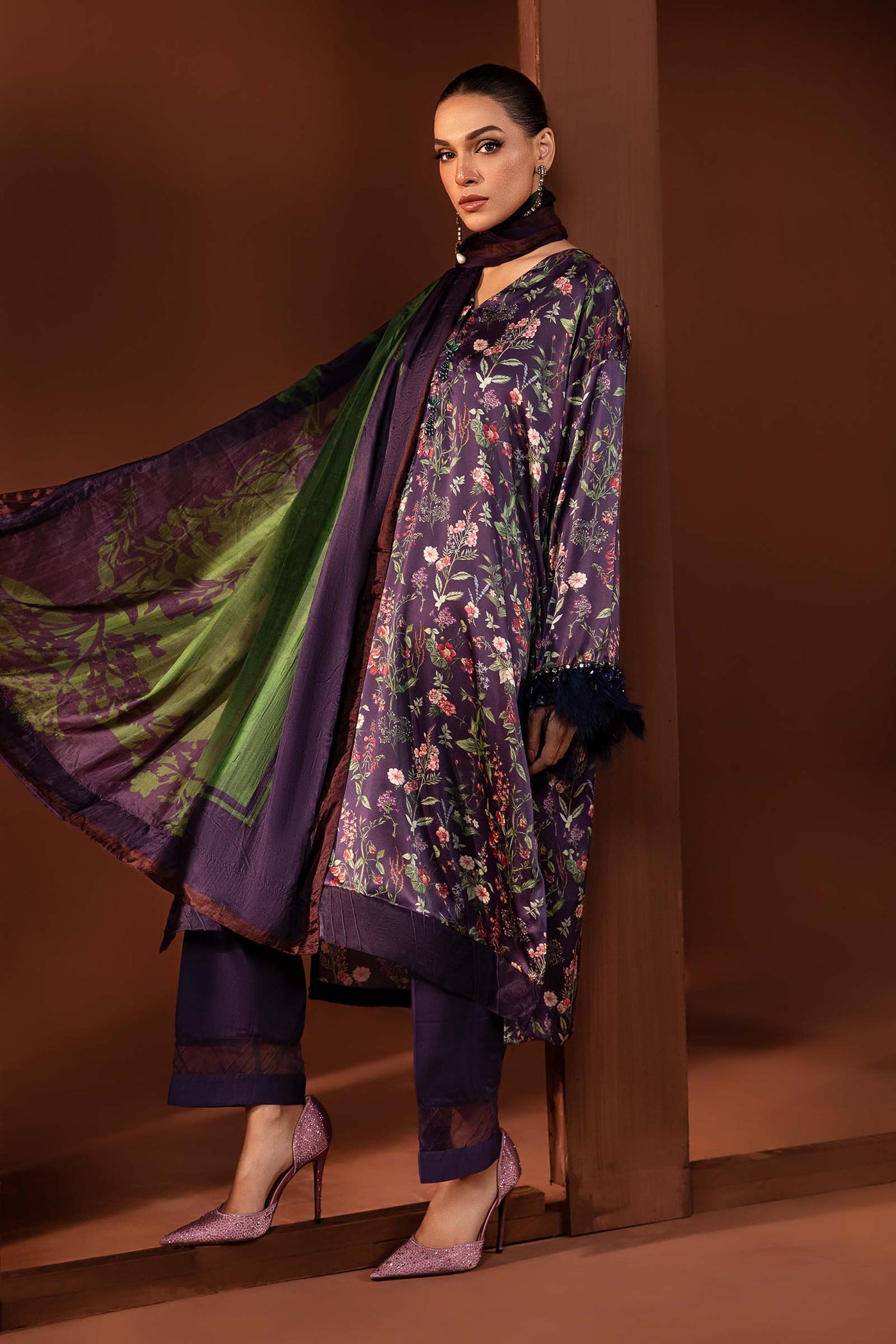 3 Piece Printed Pure Charmeuse Silk Suit | MPS-PF24-05