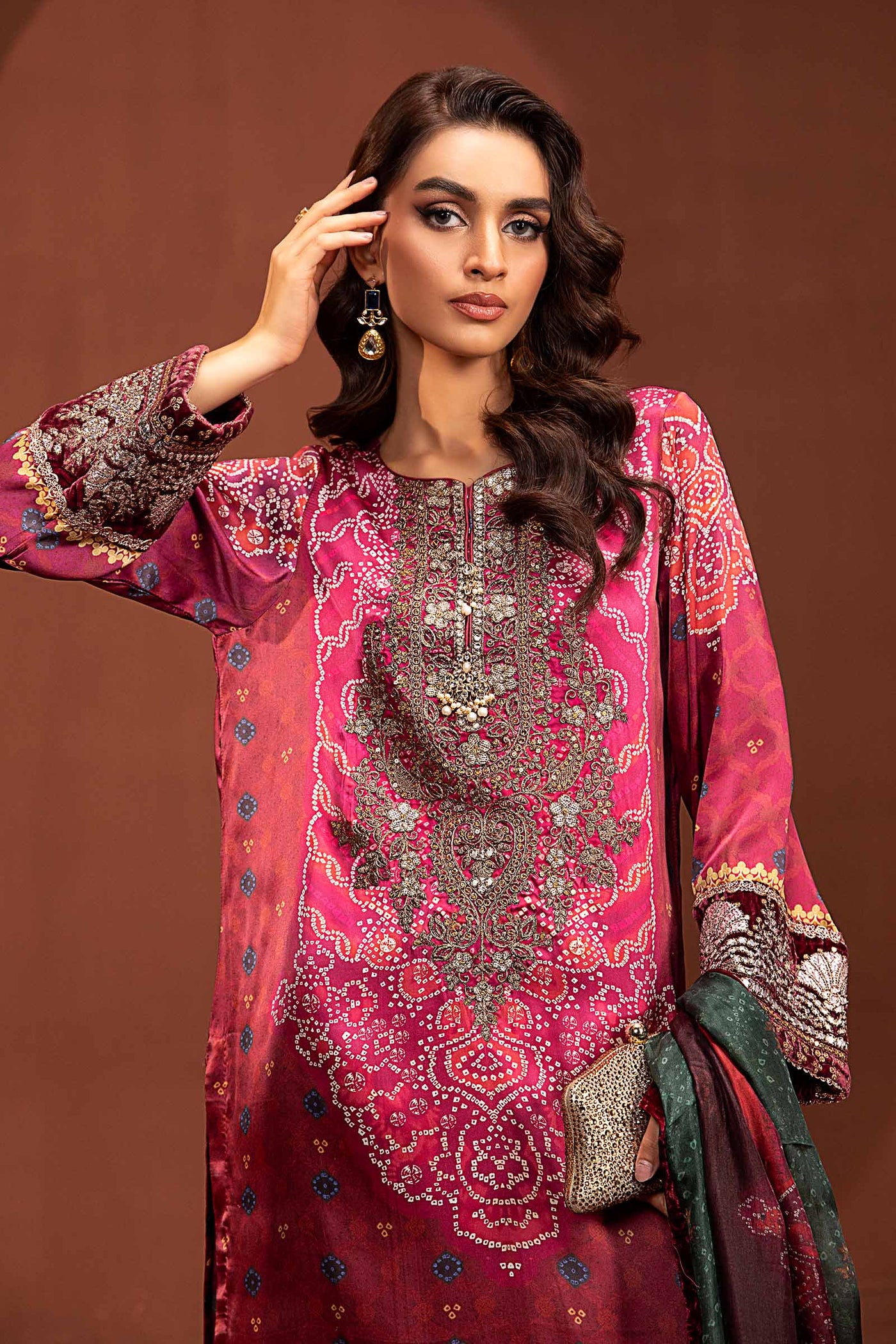 3 Piece Embroidered Pure Charmeuse Silk Suit | MPS-PF24-07