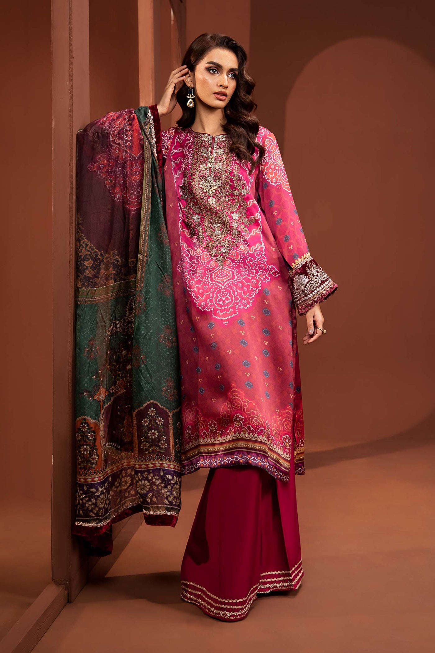 3 Piece Embroidered Pure Charmeuse Silk Suit | MPS-PF24-07