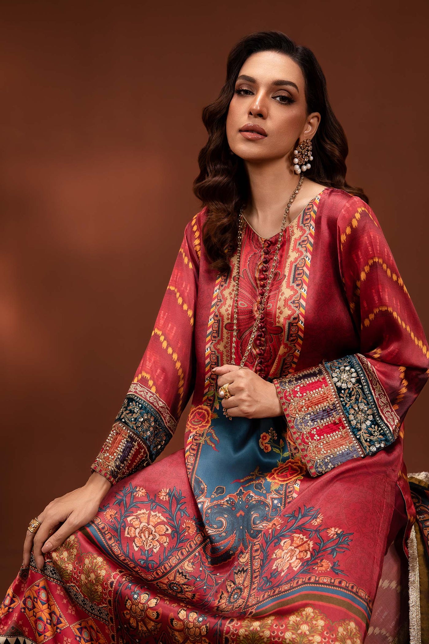 3 Piece Printed Pure Charmeuse Silk Suit | MPS-PF24-08