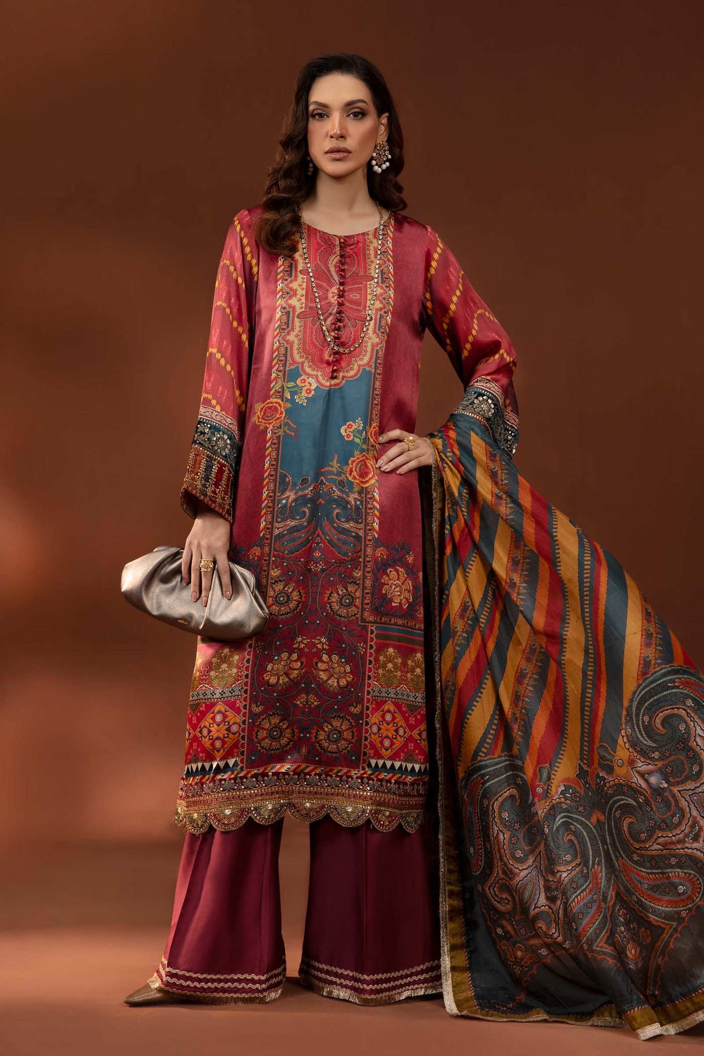 3 Piece Printed Pure Charmeuse Silk Suit | MPS-PF24-08