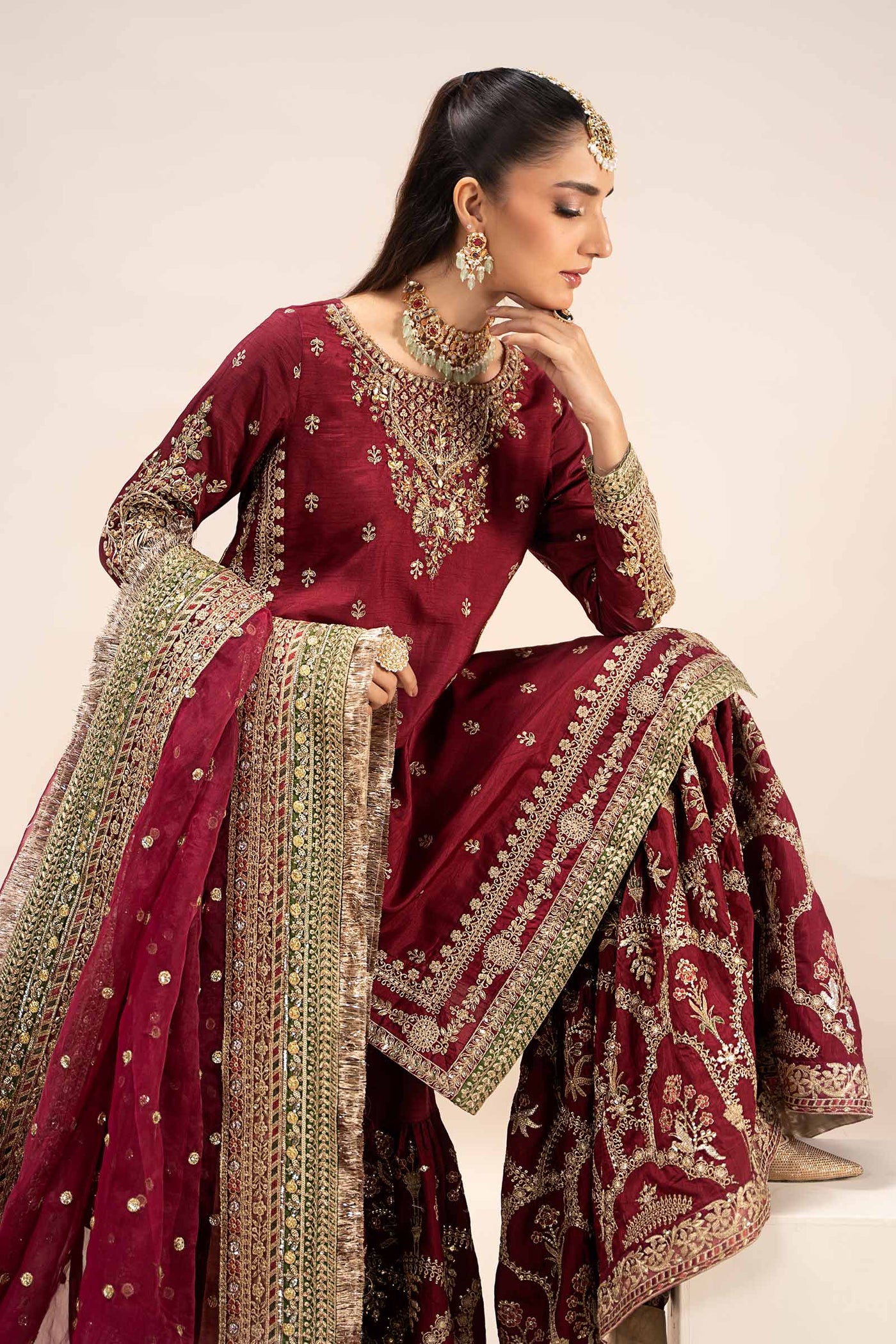 3 Piece Embroidered Raw Silk Suit | SF-EF25-01