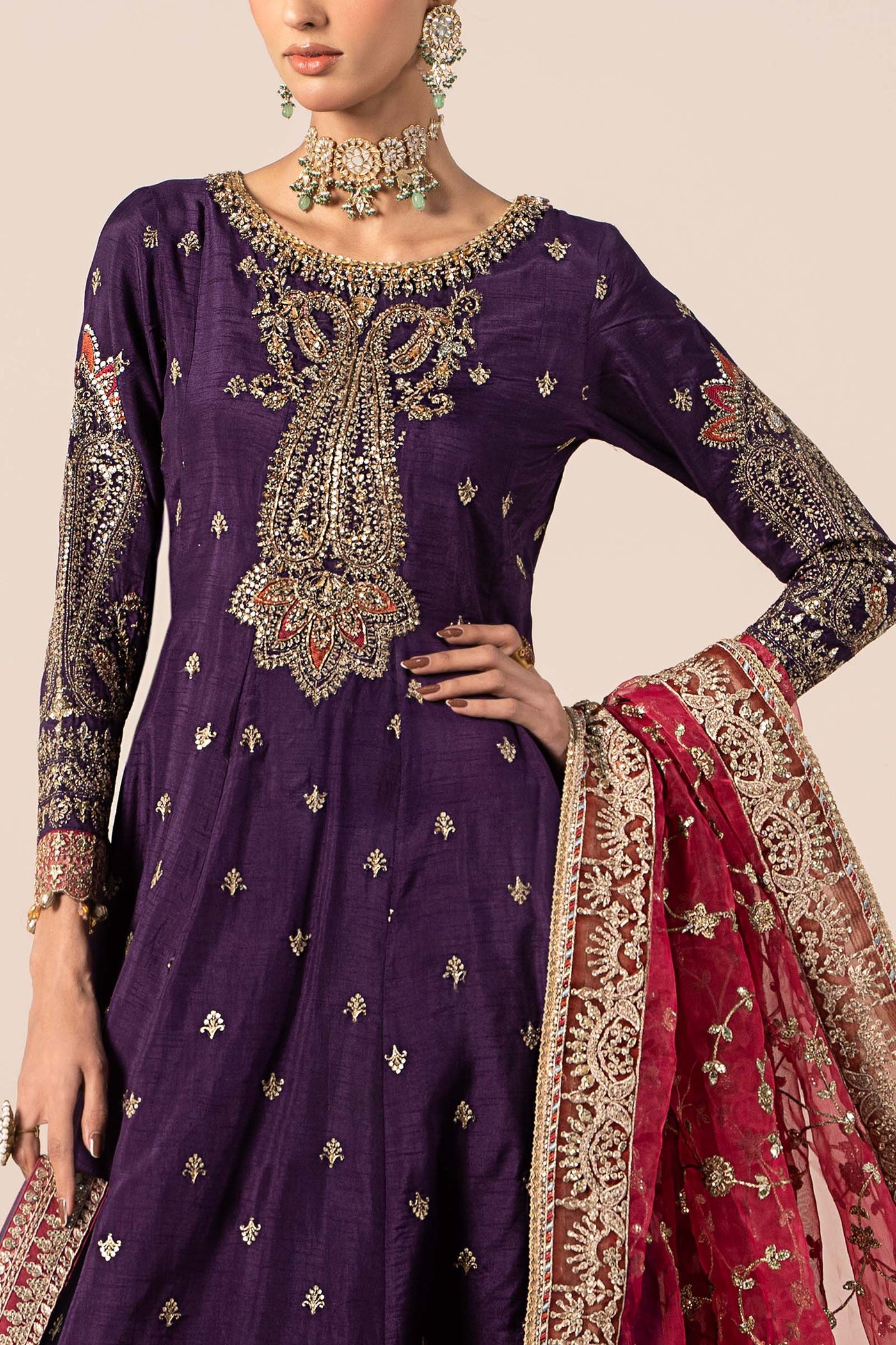 3 Piece Embroidered Raw Silk Suit | SF-EF25-02