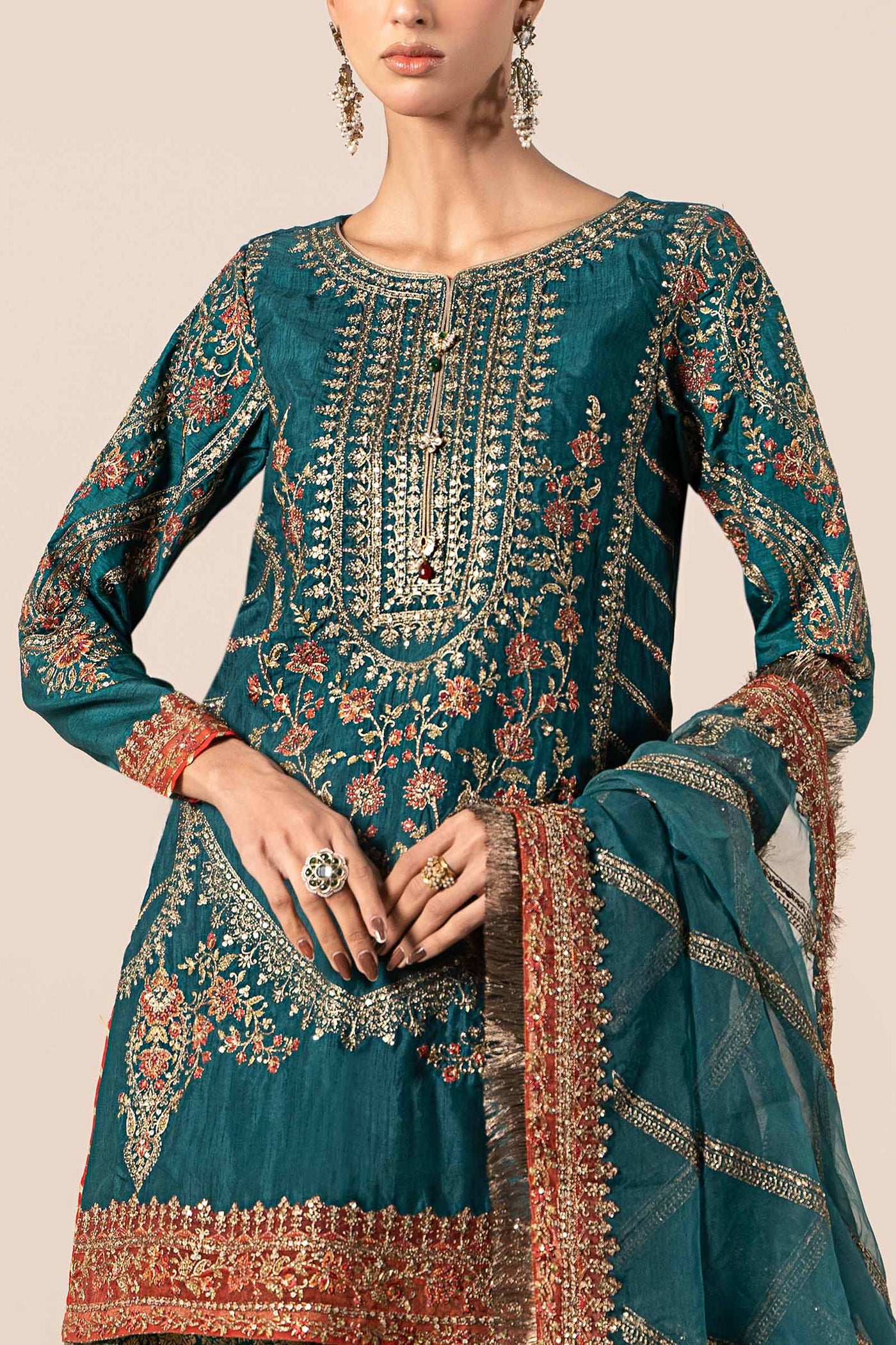 3 Piece Embroidered Raw Silk Suit | SF-W24-25