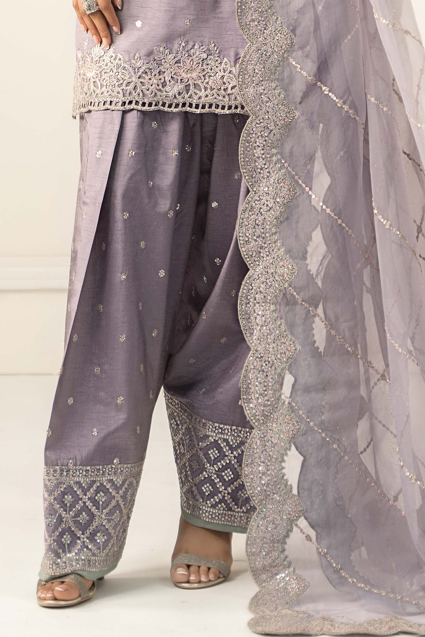 3 Piece Embroidered Raw Silk Suit | SF-EF25-60