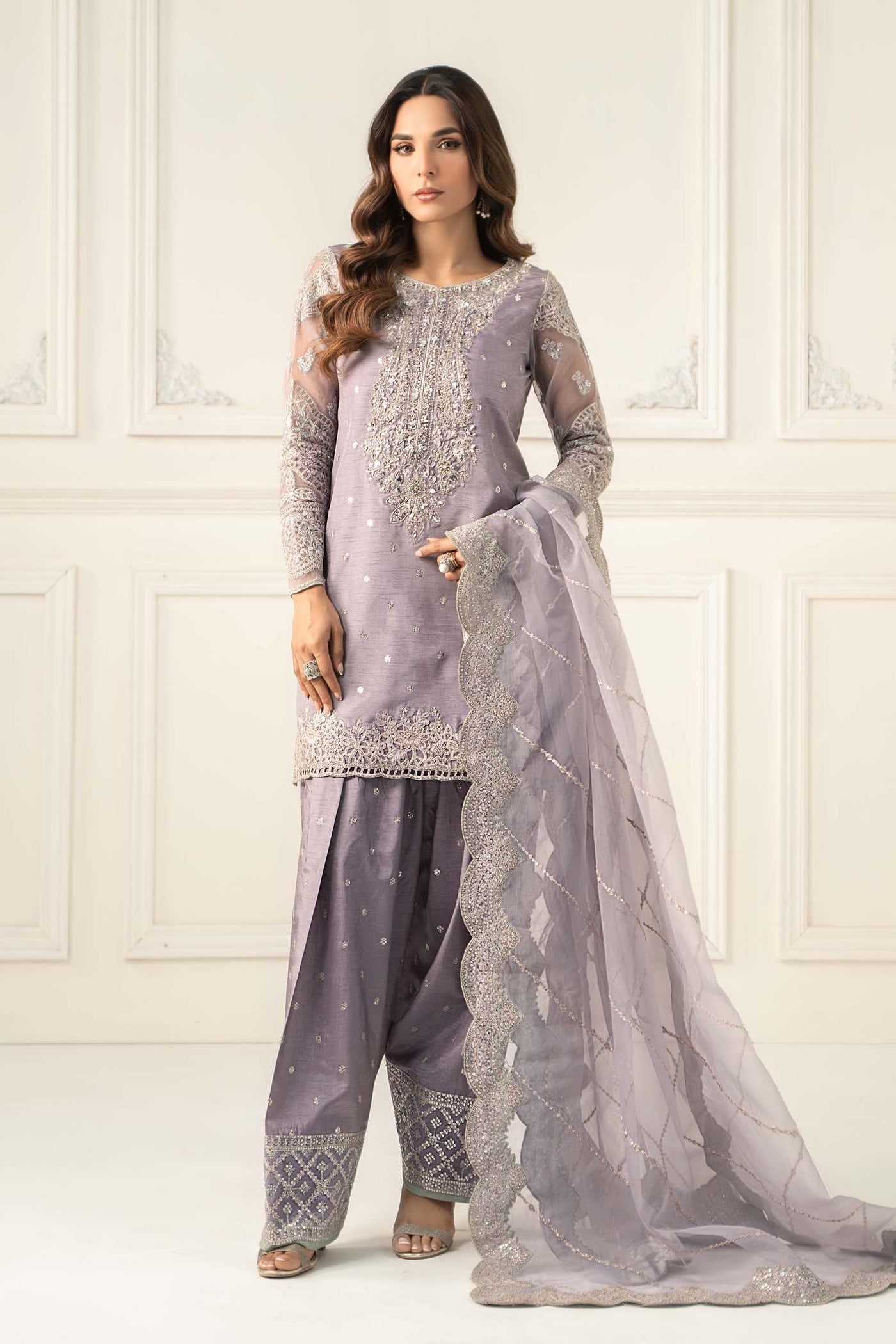 3 Piece Embroidered Raw Silk Suit | SF-EF25-60