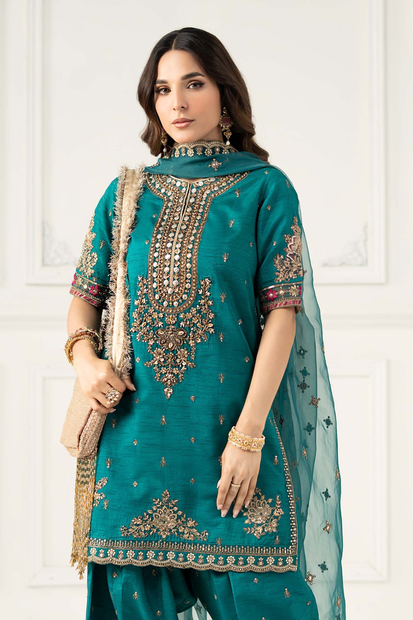 3 Piece Embroidered Raw Silk Suit | SF-EF25-63