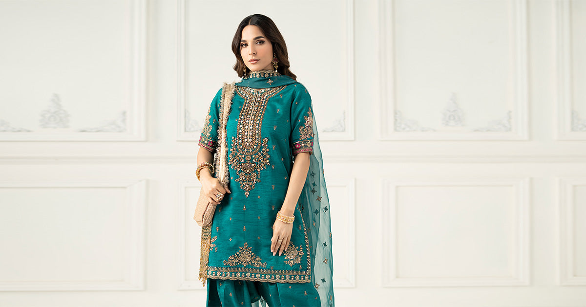 3 Piece Embroidered Raw Silk Suit | SF-EF25-63