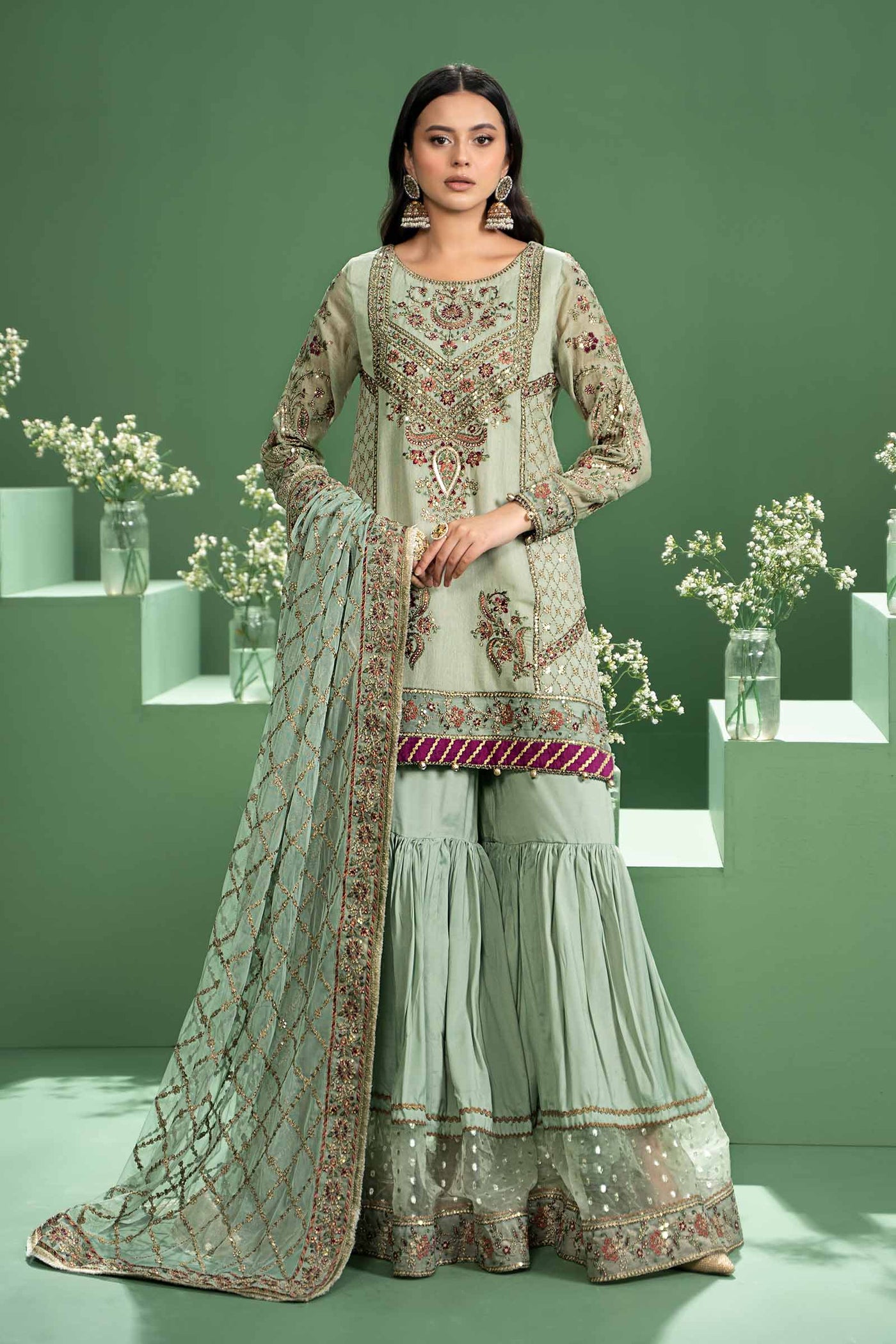 3 Piece Embroidered Silk Cotton Net Suit | SF-W24-45