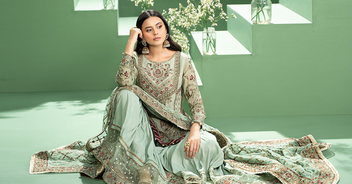 3 Piece Embroidered Silk Cotton Net Suit | SF-W24-45