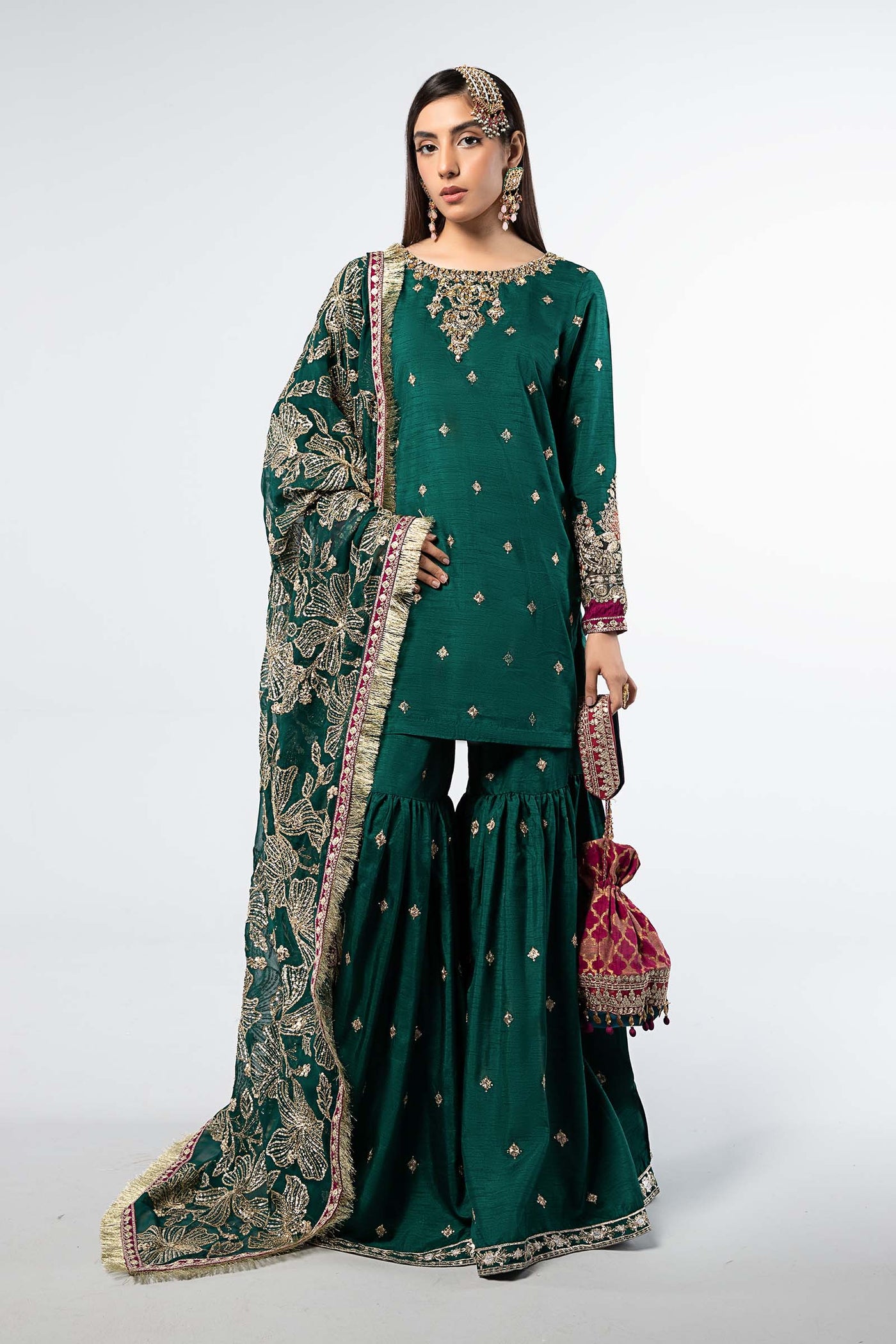 3 Piece Embroidered Raw Silk Suit | SF-W24-06