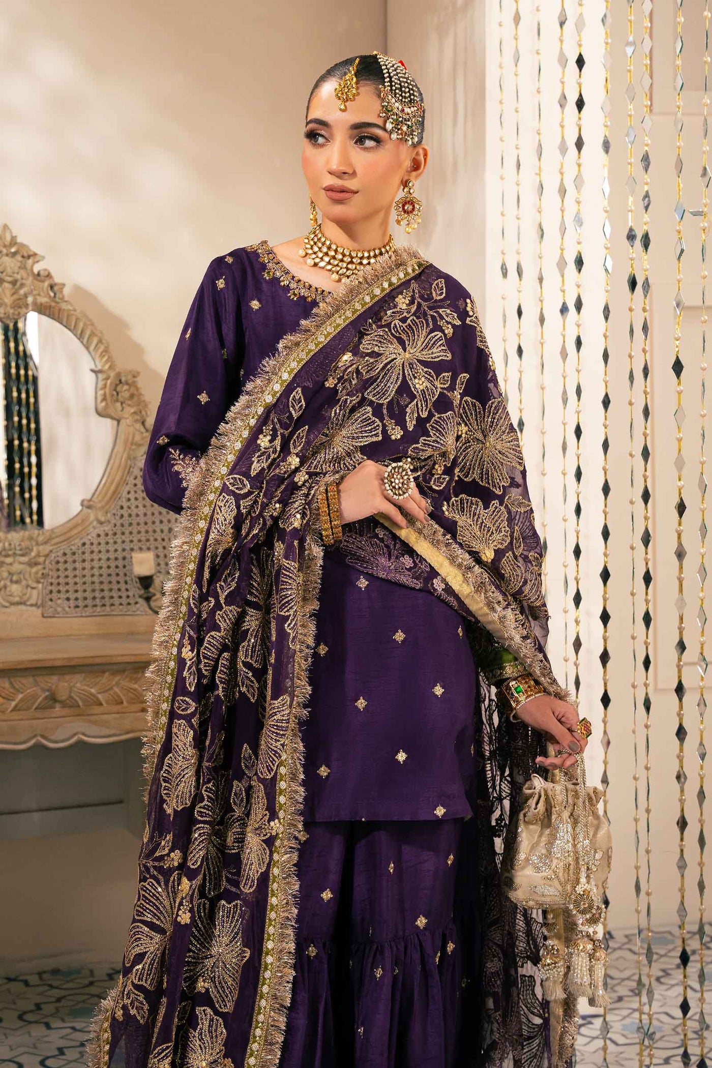 3 Piece Embroidered Raw Silk Suit | SF-W24-06