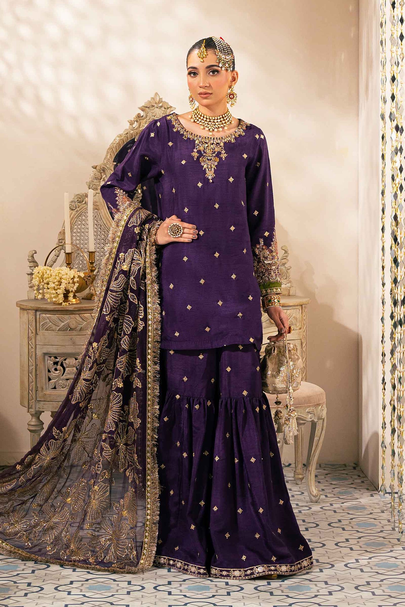 3 Piece Embroidered Raw Silk Suit | SF-W24-06