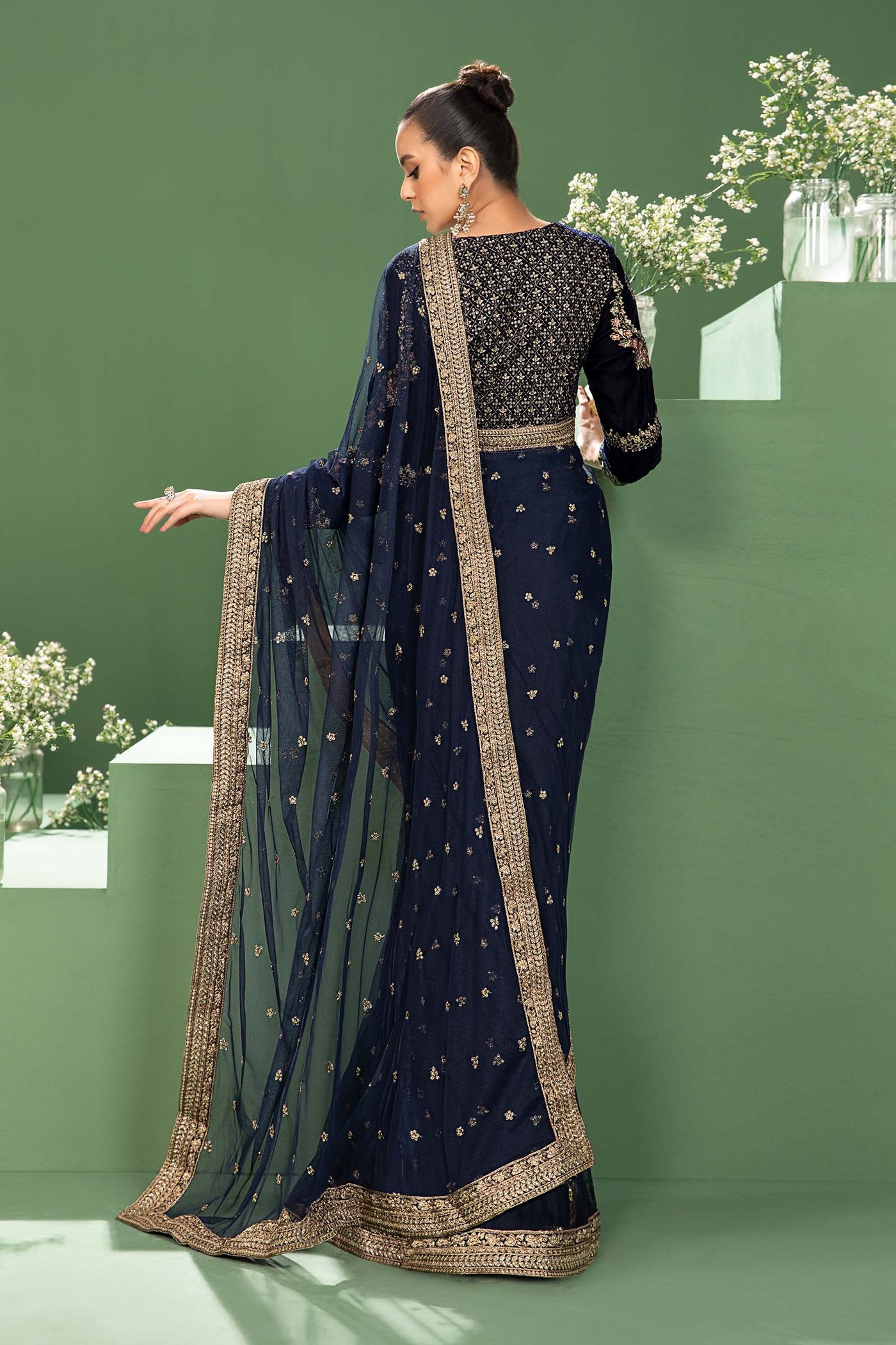 3 Piece Embroidered Net Saree | SF-W24-11