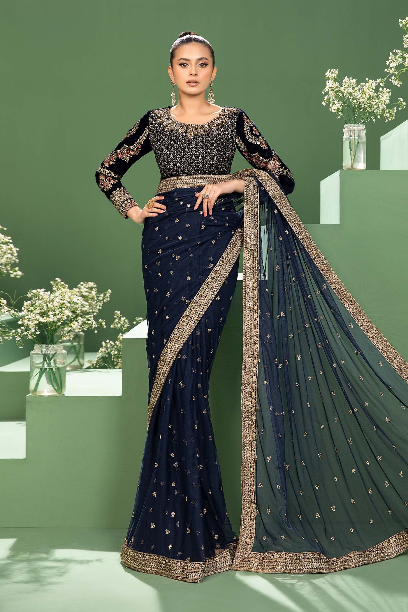 3 Piece Embroidered Net Saree | SF-W24-11