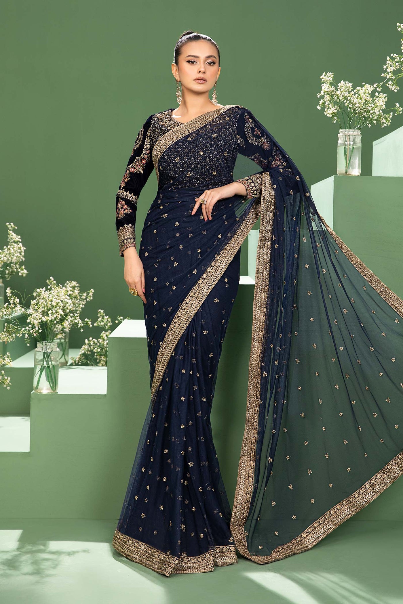 3 Piece Embroidered Net Saree | SF-W24-11